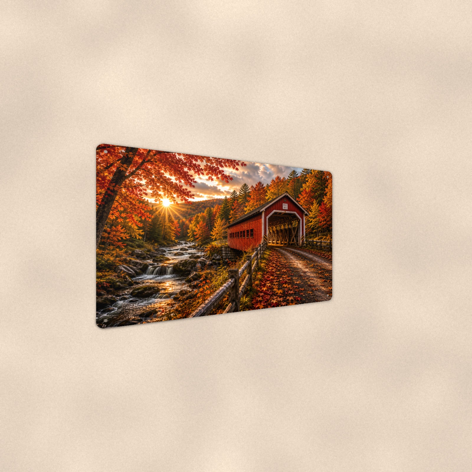 Covered Bridge Boulder Stream Sunrise aluminum metal sign 12" x 8" - angled wall view from a wider angle