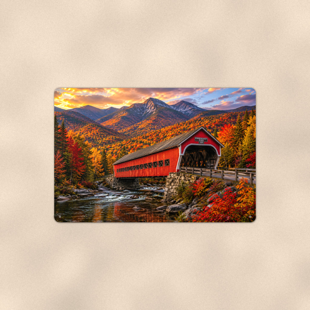 Covered Bridge Mountain River aluminum metal sign 12" x 8" - front view on warm wall