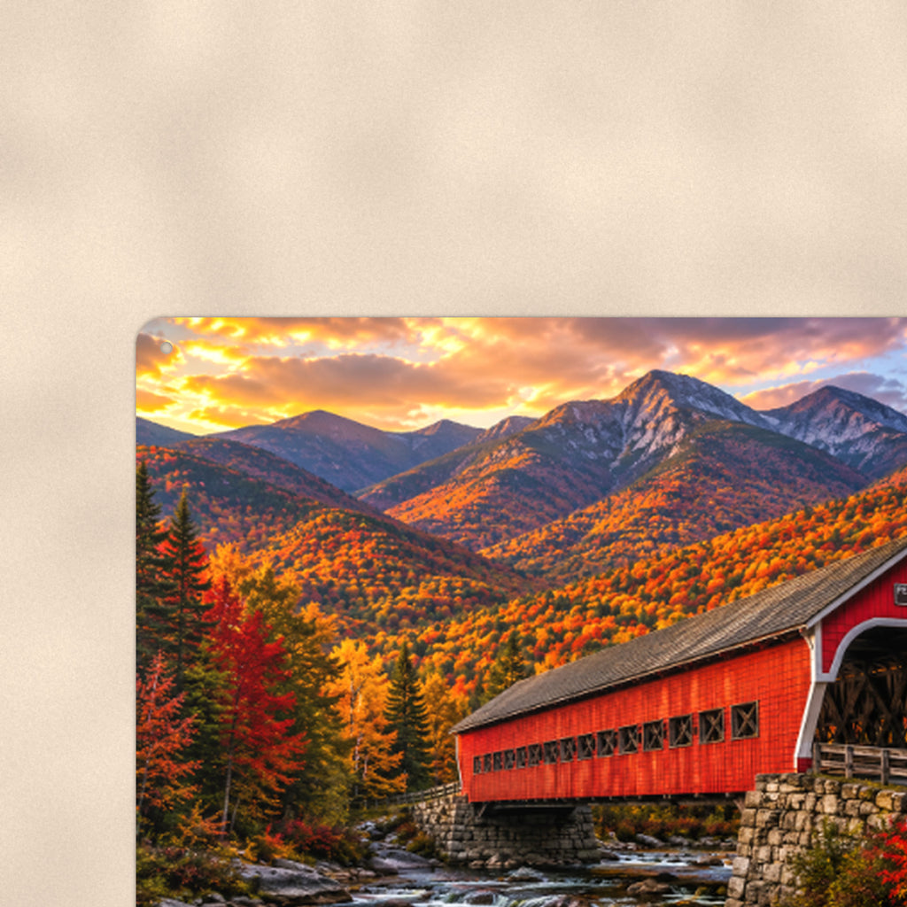 Covered Bridge Mountain River aluminum metal sign 12" x 8" - close-up view of the printed artwork
