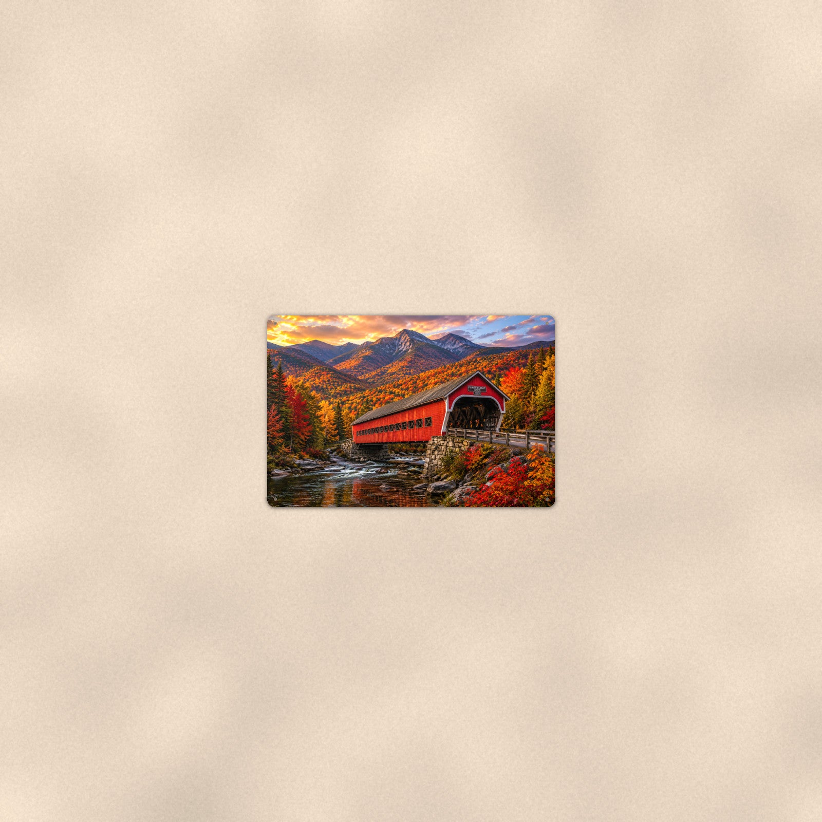 Covered Bridge Mountain River aluminum metal sign 12" x 8" - room view on warm wall