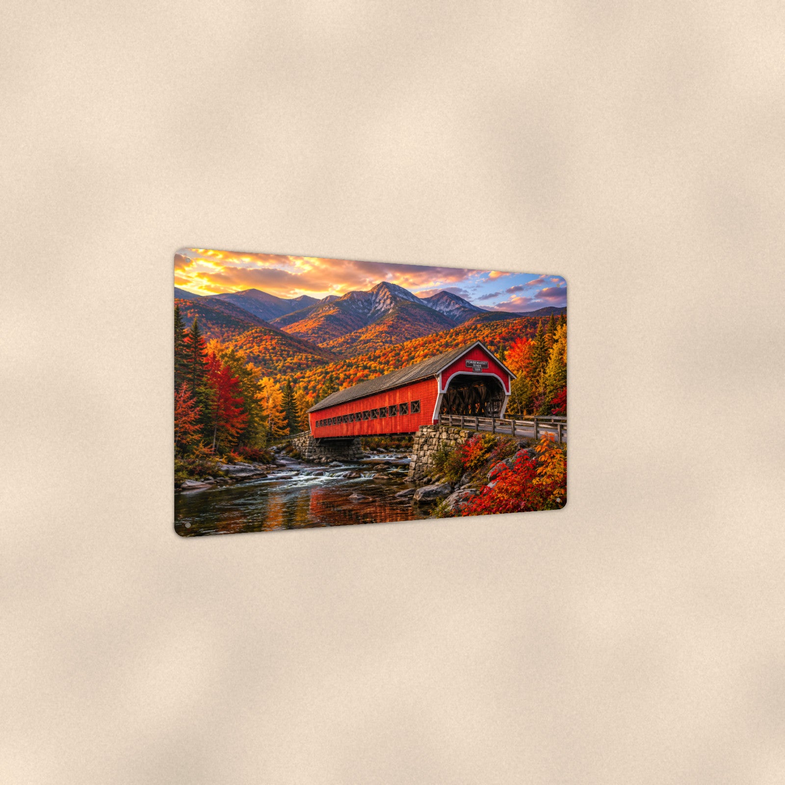 Covered Bridge Mountain River aluminum metal sign 12" x 8" - angled view showing glossy finish