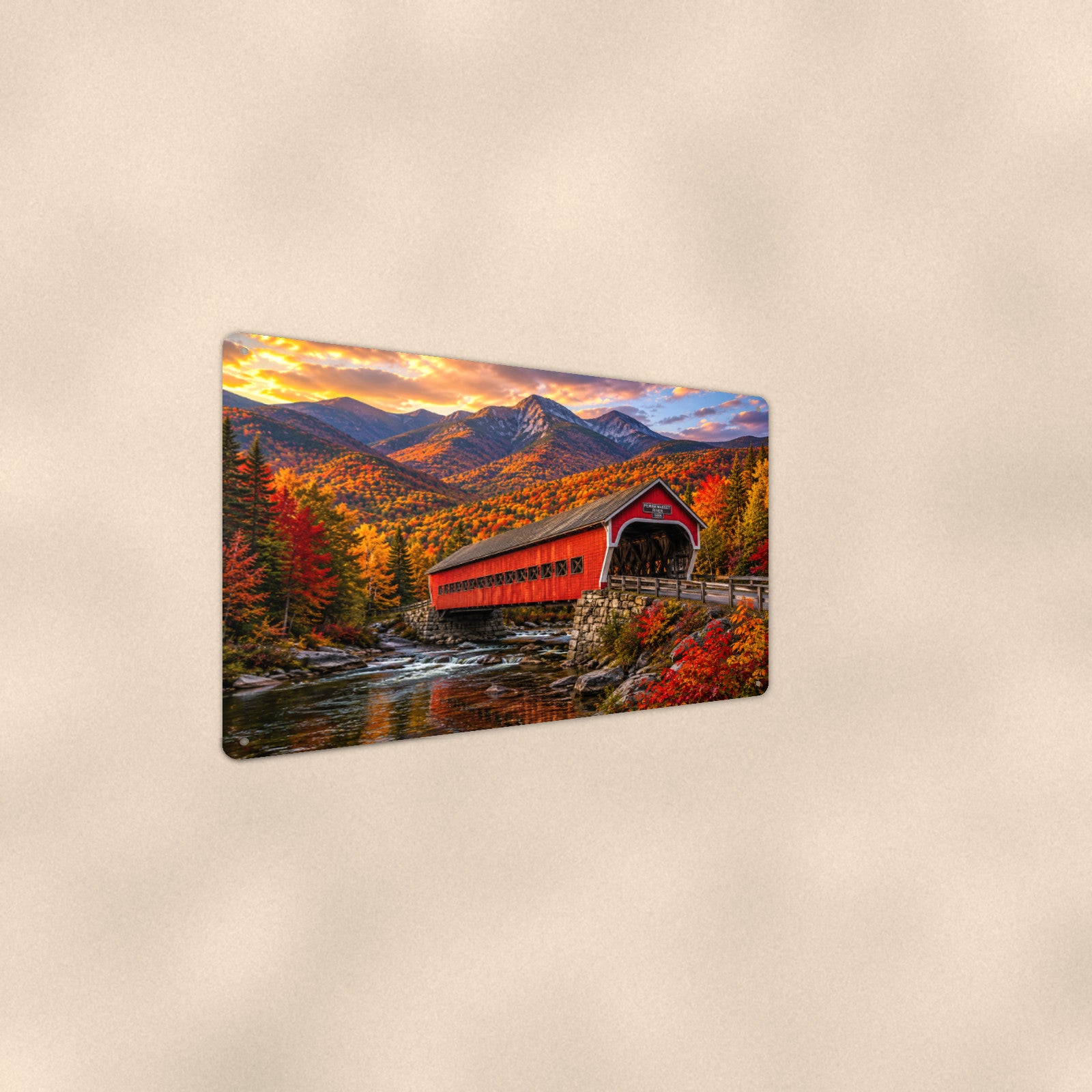 Covered Bridge Mountain River aluminum metal sign 12" x 8" - angled wall view from a wider angle