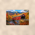 Covered Bridge Snow-Capped Peaks aluminum metal sign 12" x 8" - front view on warm wall