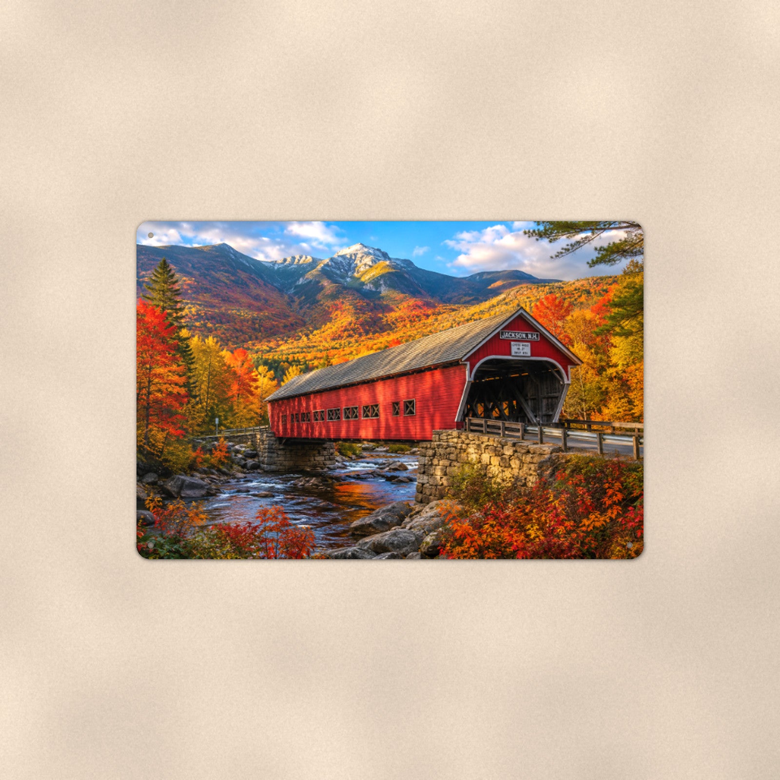 Covered Bridge Snow-Capped Peaks aluminum metal sign 12" x 8" - front view on warm wall