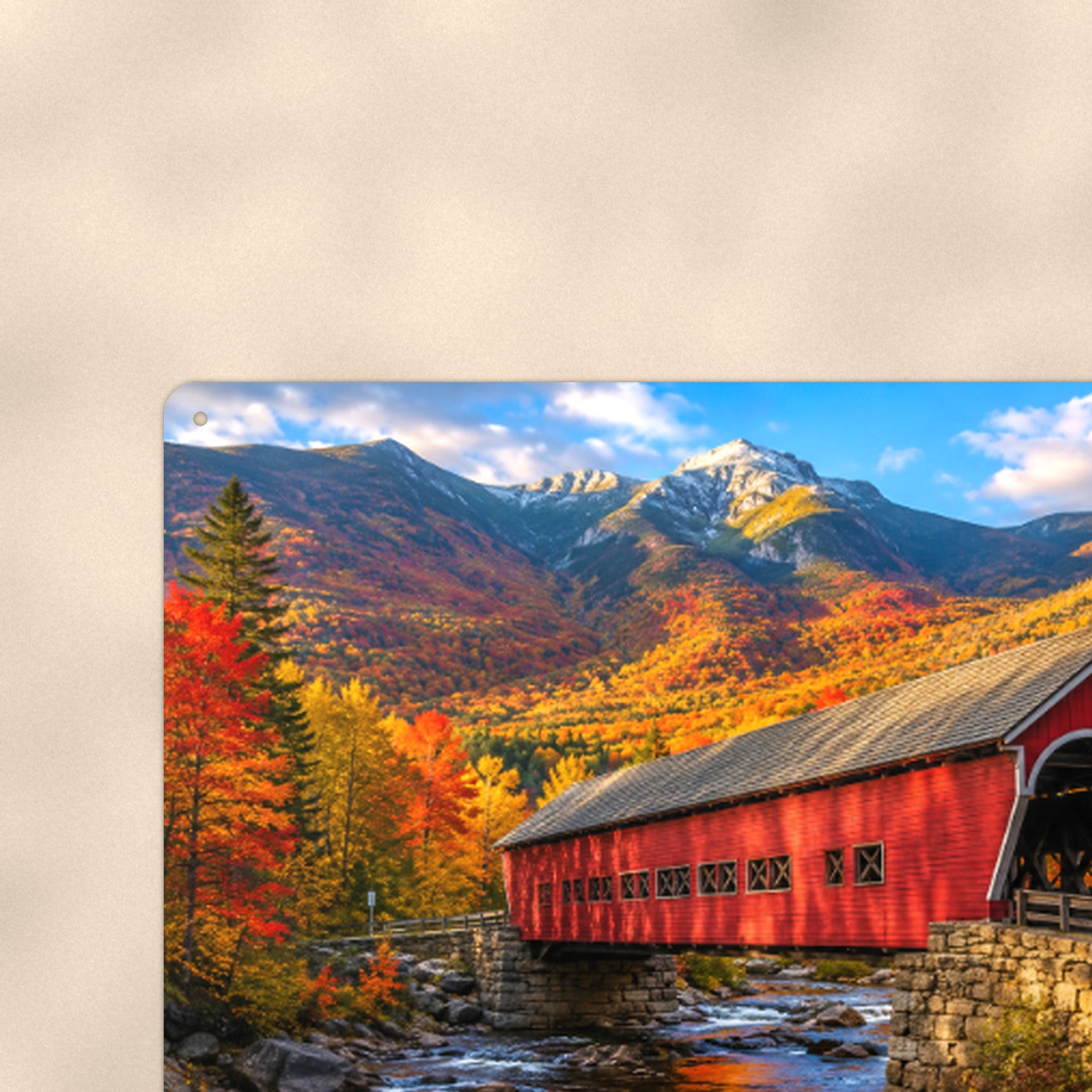 Covered Bridge Snow-Capped Peaks aluminum metal sign 12" x 8" - close-up view of the printed artwork