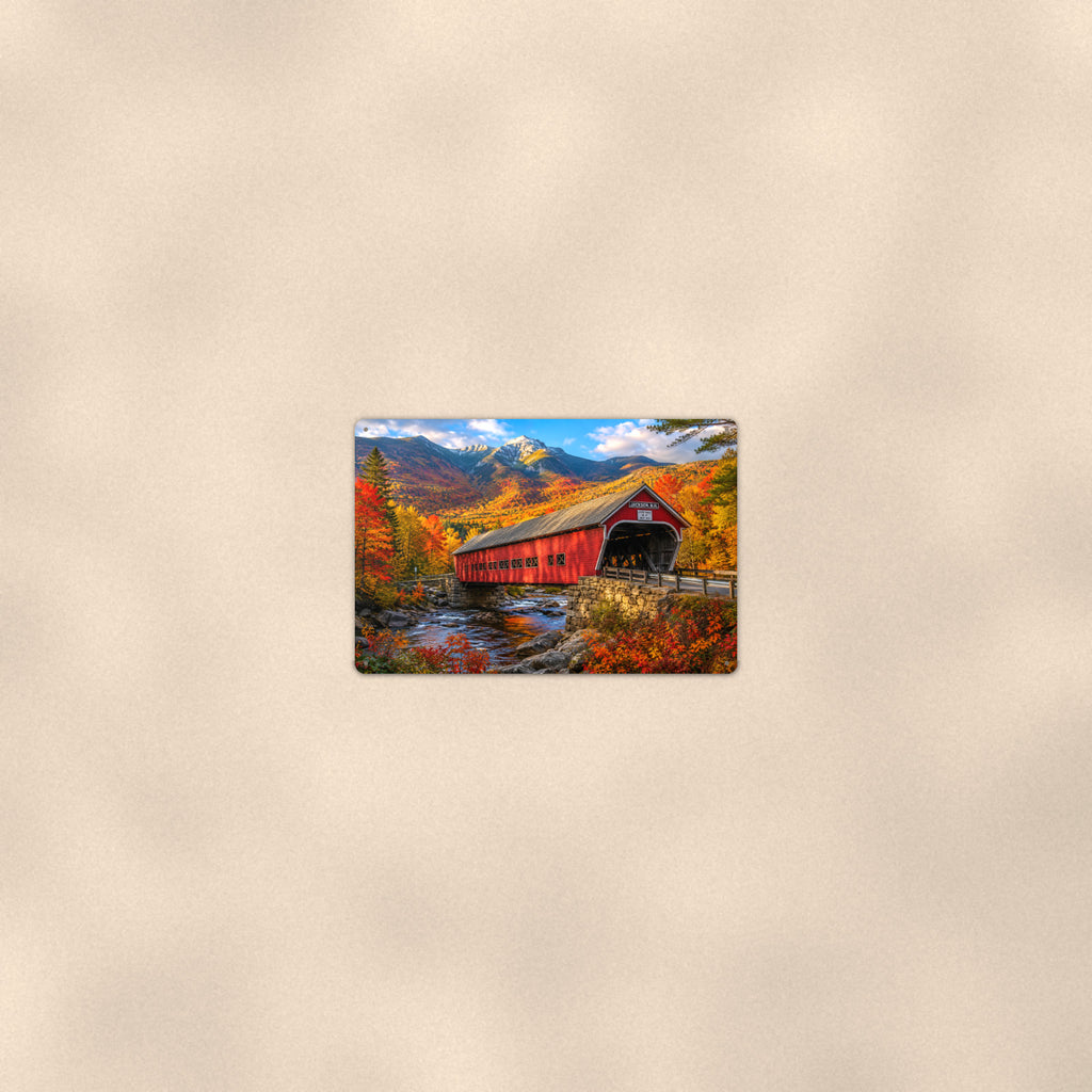 Covered Bridge Snow-Capped Peaks aluminum metal sign 12" x 8" - room view on warm wall