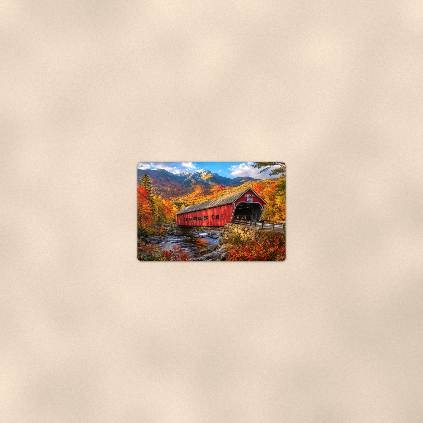 Covered Bridge Snow-Capped Peaks aluminum metal sign 12" x 8" - room view on warm wall