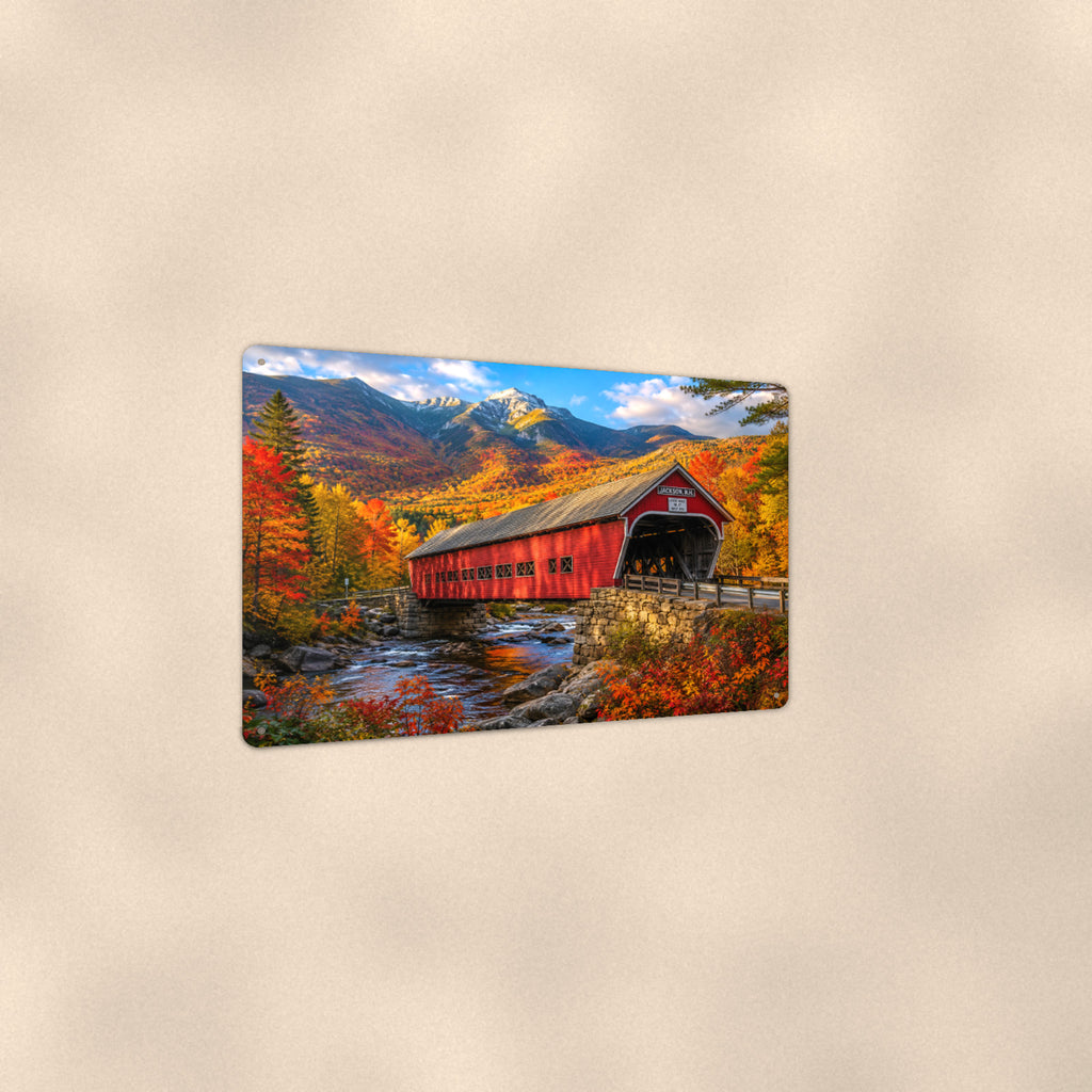 Covered Bridge Snow-Capped Peaks aluminum metal sign 12" x 8" - angled view showing glossy finish