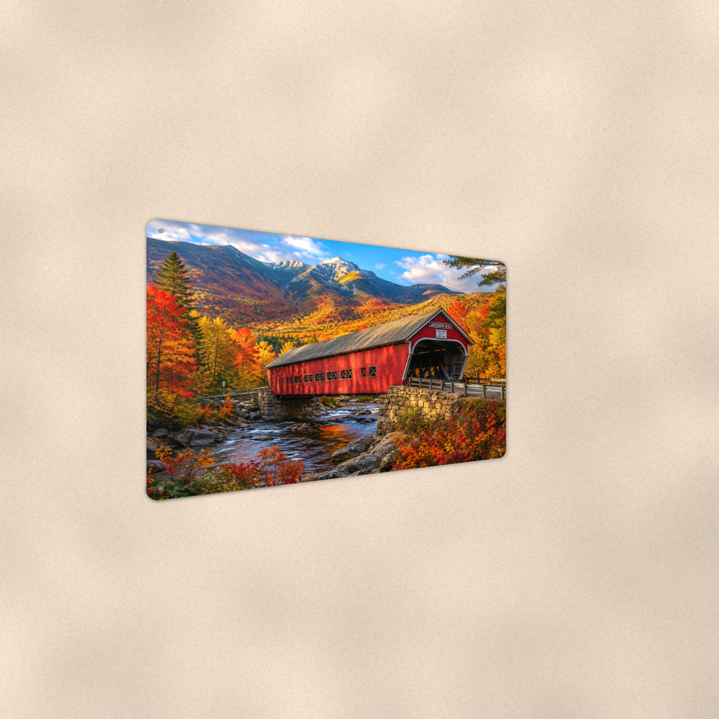 Covered Bridge Snow-Capped Peaks aluminum metal sign 12" x 8" - angled wall view from a wider angle