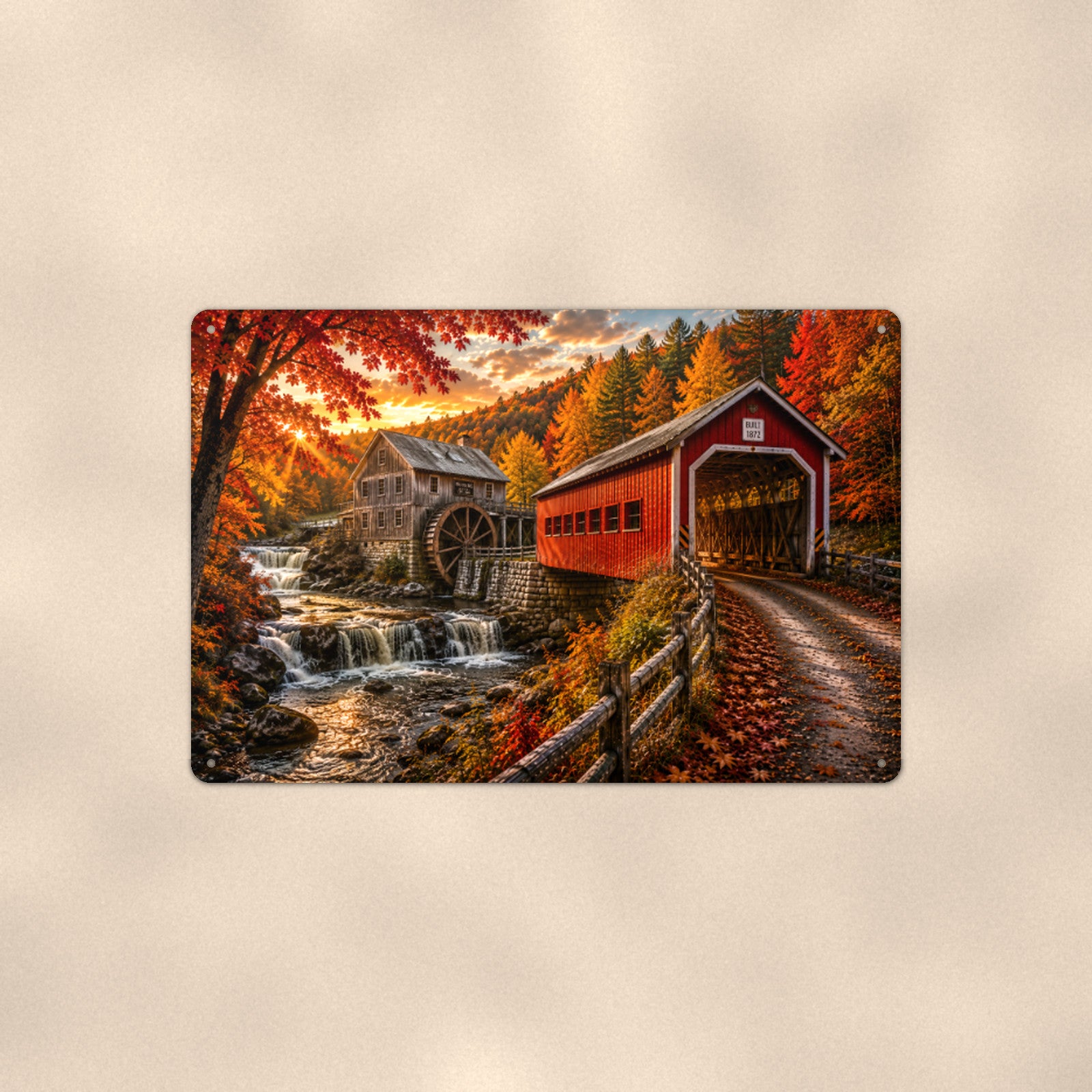 Covered Bridge Water Mill Creek aluminum metal sign 12" x 8" - front view on warm wall
