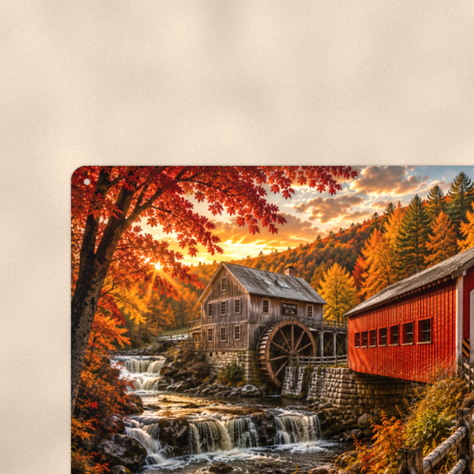 Covered Bridge Water Mill Creek aluminum metal sign 12" x 8" - close-up view of the printed artwork