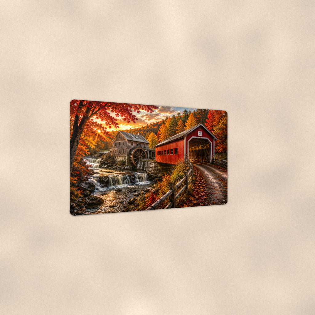 Covered Bridge Water Mill Creek aluminum metal sign 12" x 8" - angled view showing glossy finish