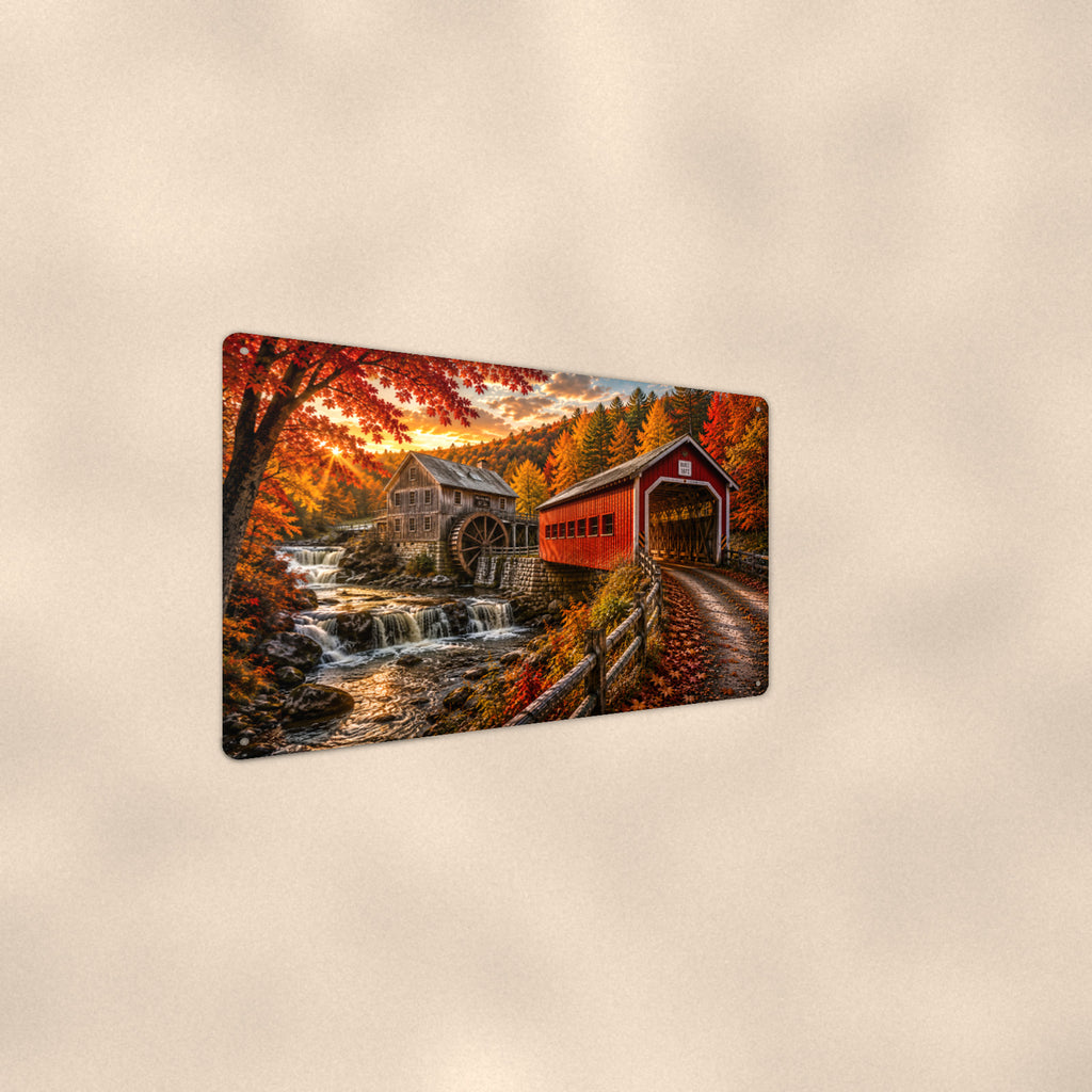 Covered Bridge Water Mill Creek aluminum metal sign 12" x 8" - angled wall view from a wider angle