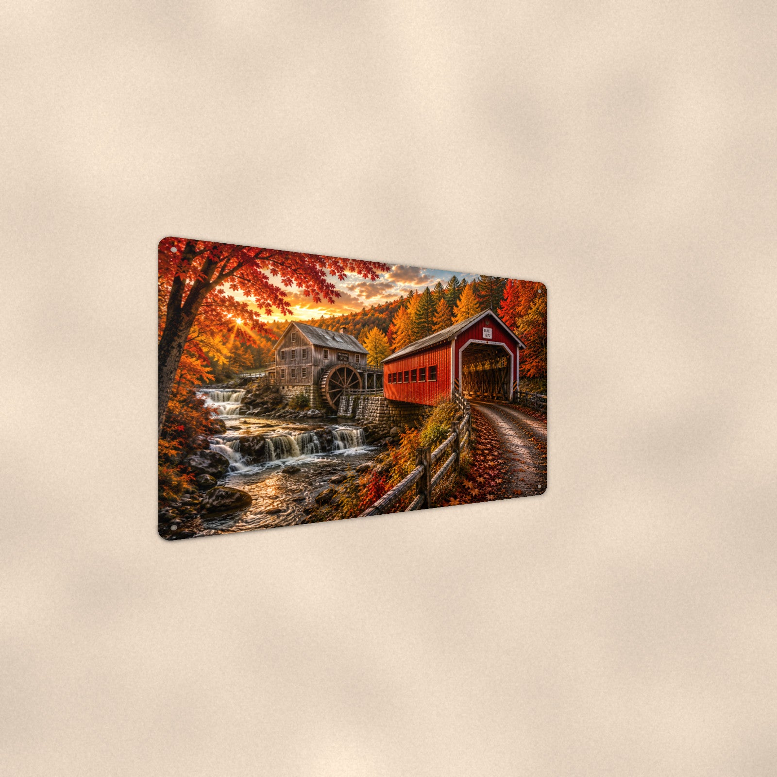 Covered Bridge Water Mill Creek aluminum metal sign 12" x 8" - angled wall view from a wider angle