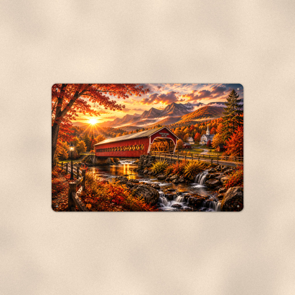 Covered Bridge Evening Glow aluminum metal sign 12" x 8" - front view on warm wall