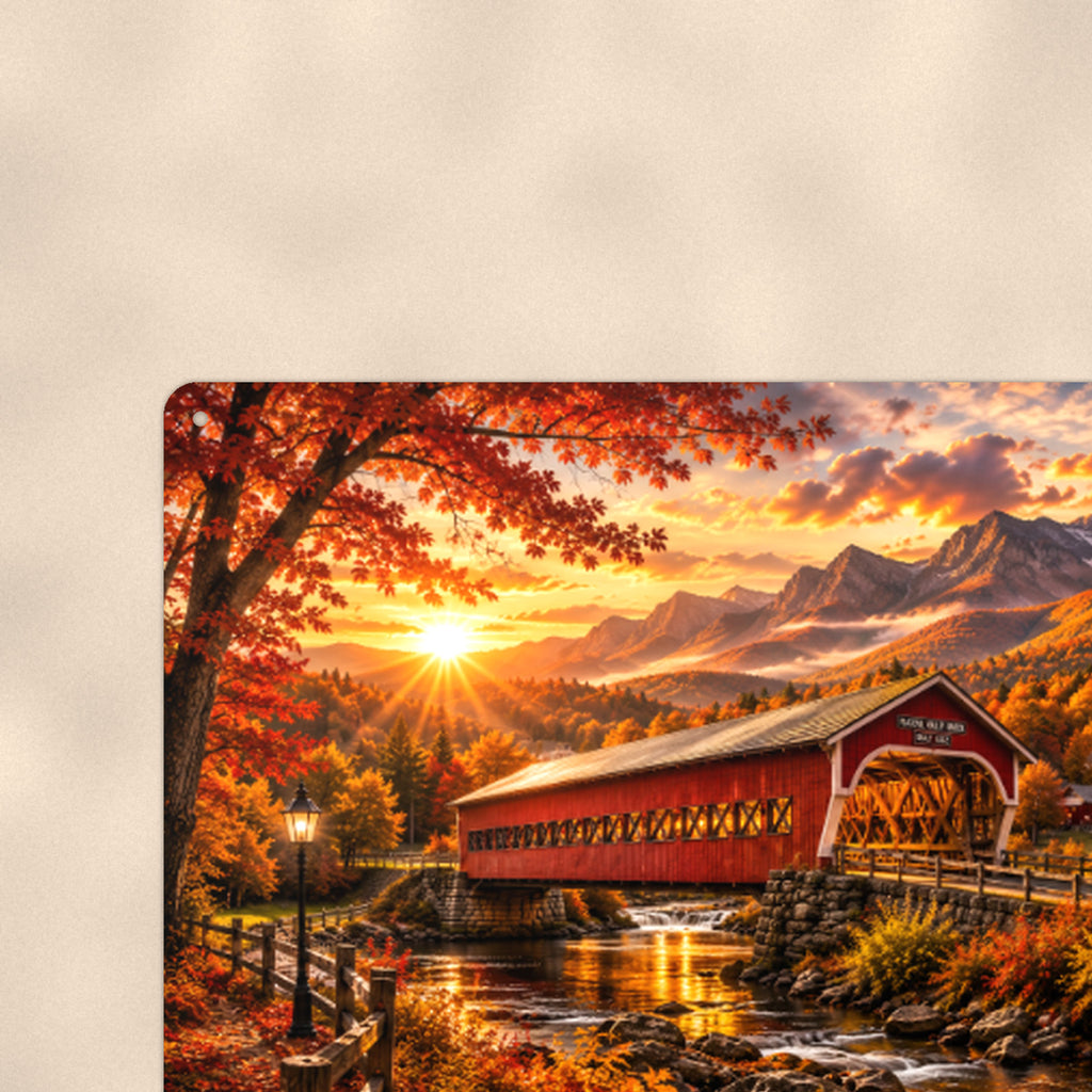Covered Bridge Evening Glow aluminum metal sign 12" x 8" - close-up view of the printed artwork