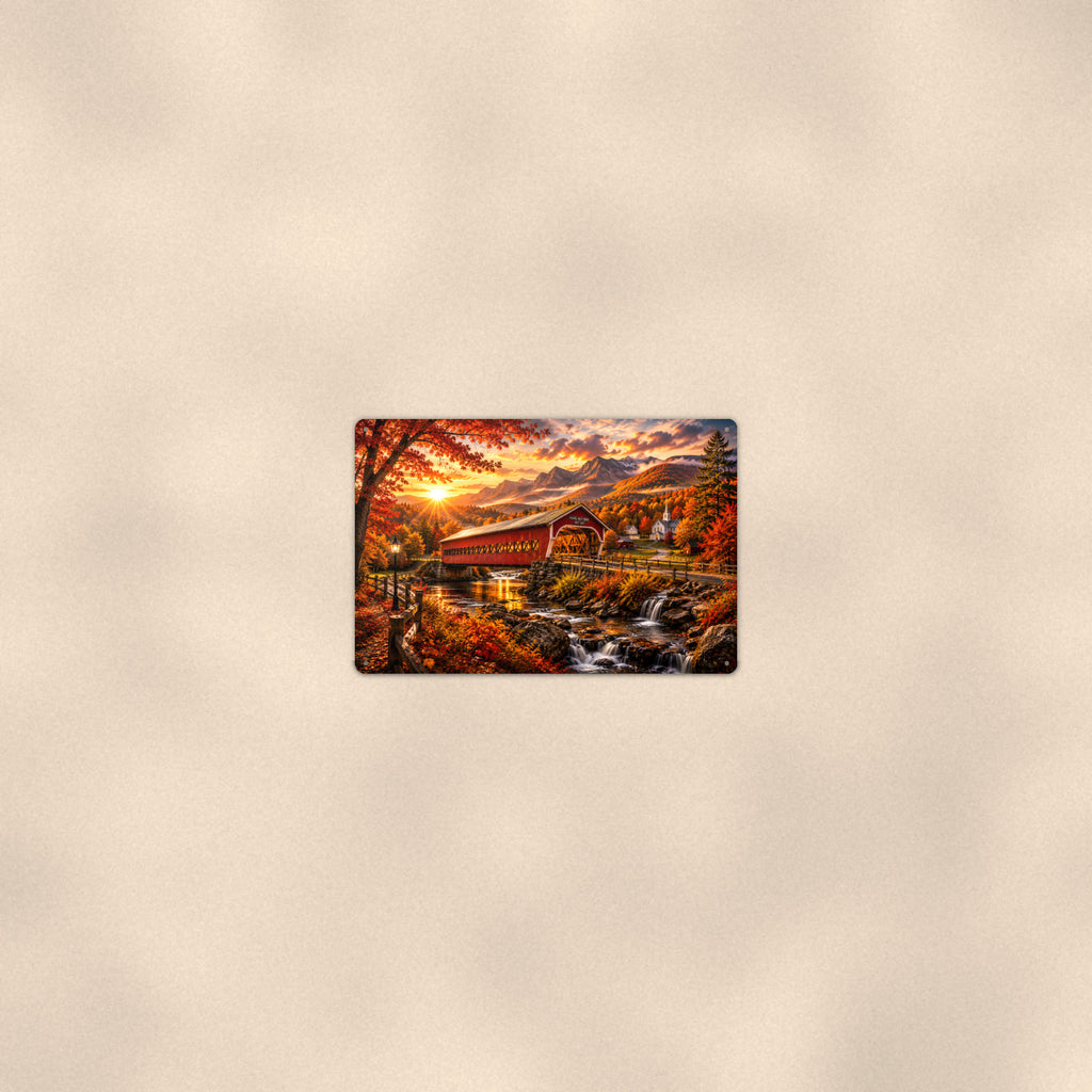 Covered Bridge Evening Glow aluminum metal sign 12" x 8" - room view on warm wall
