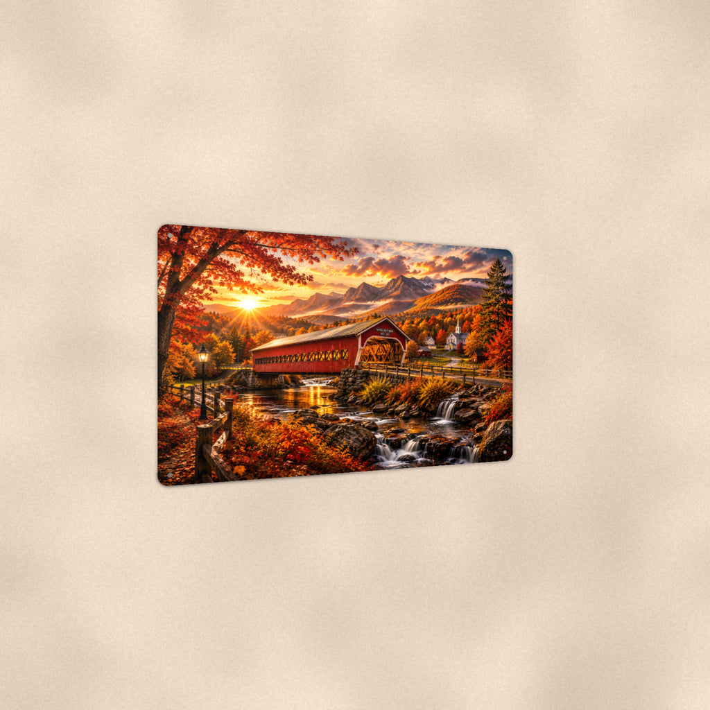 Covered Bridge Evening Glow aluminum metal sign 12" x 8" - angled view showing glossy finish