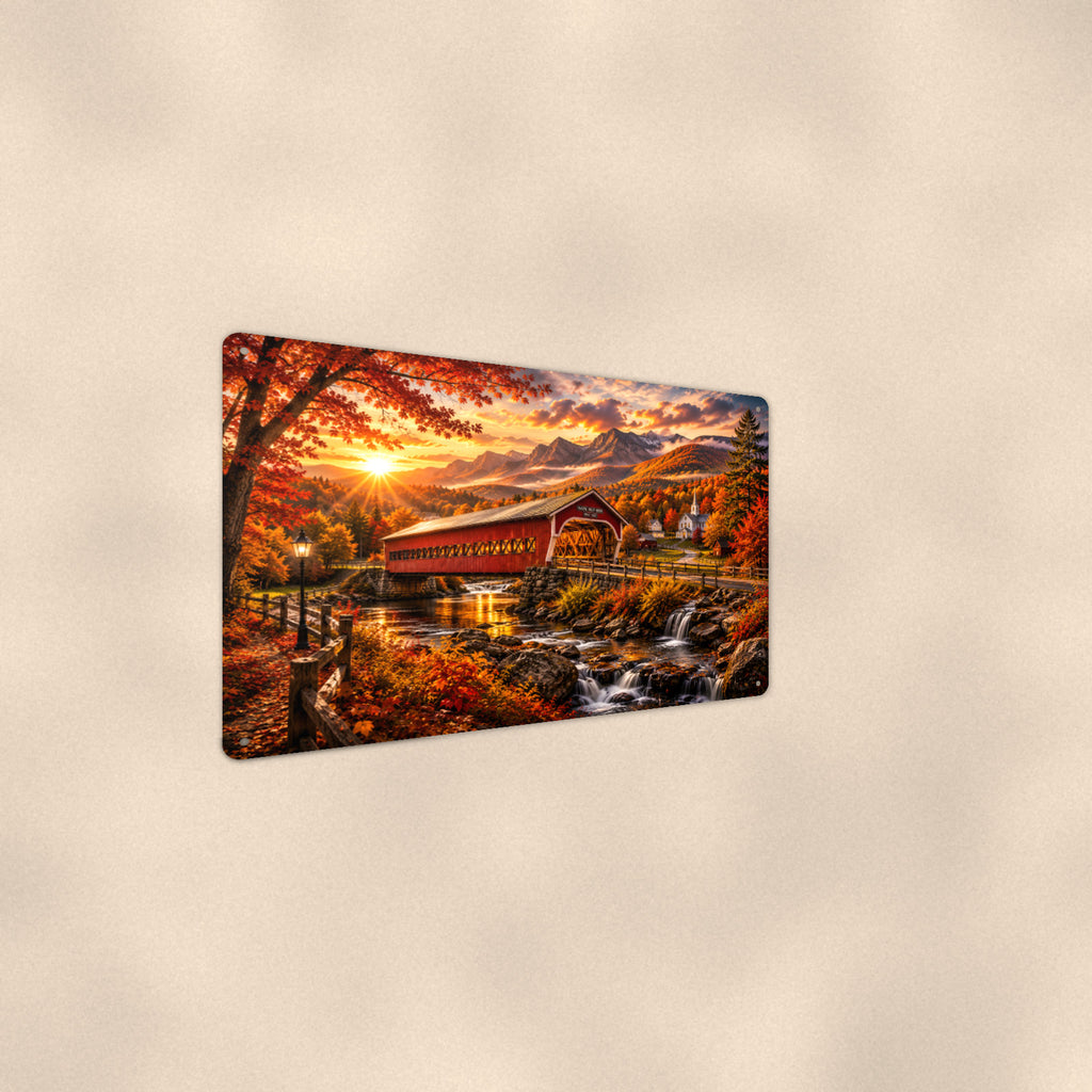 Covered Bridge Evening Glow aluminum metal sign 12" x 8" - angled wall view from a wider angle