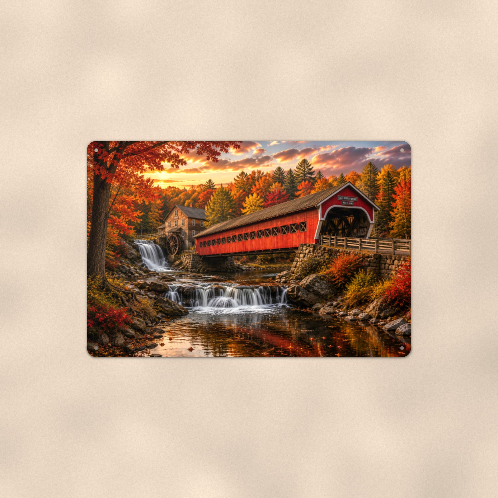 Covered Bridge Waterfall Gorge aluminum metal sign 12" x 8" - front view on warm wall