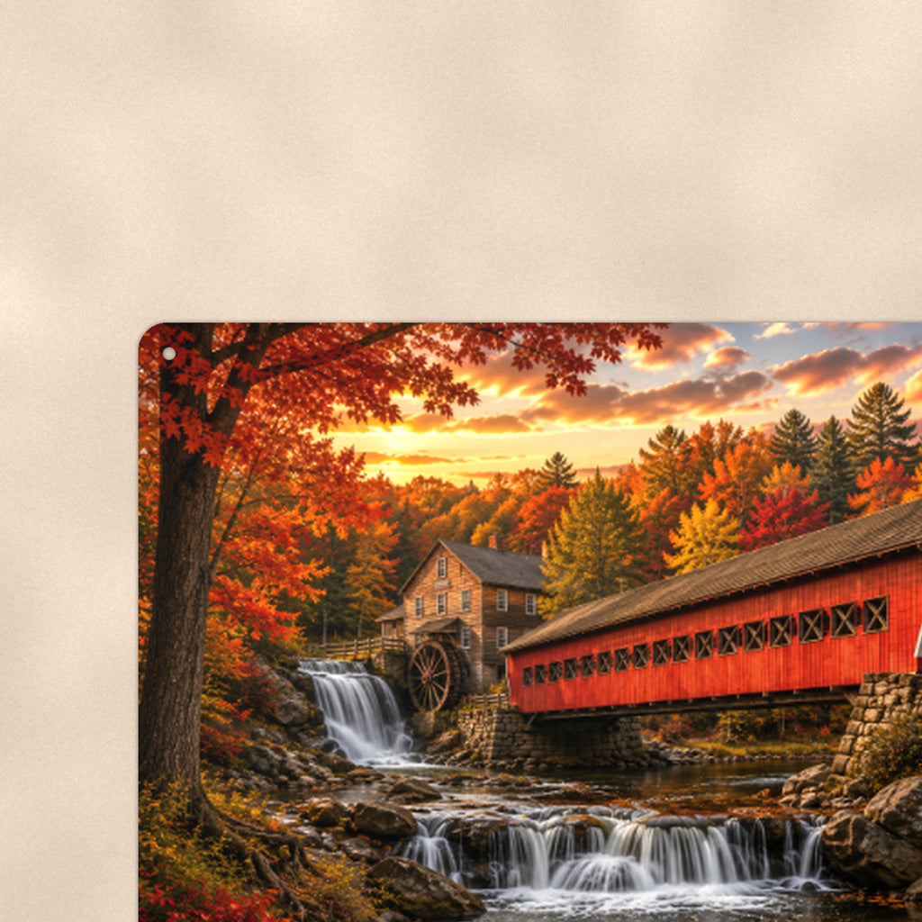Covered Bridge Waterfall Gorge aluminum metal sign 12" x 8" - close-up view of the printed artwork