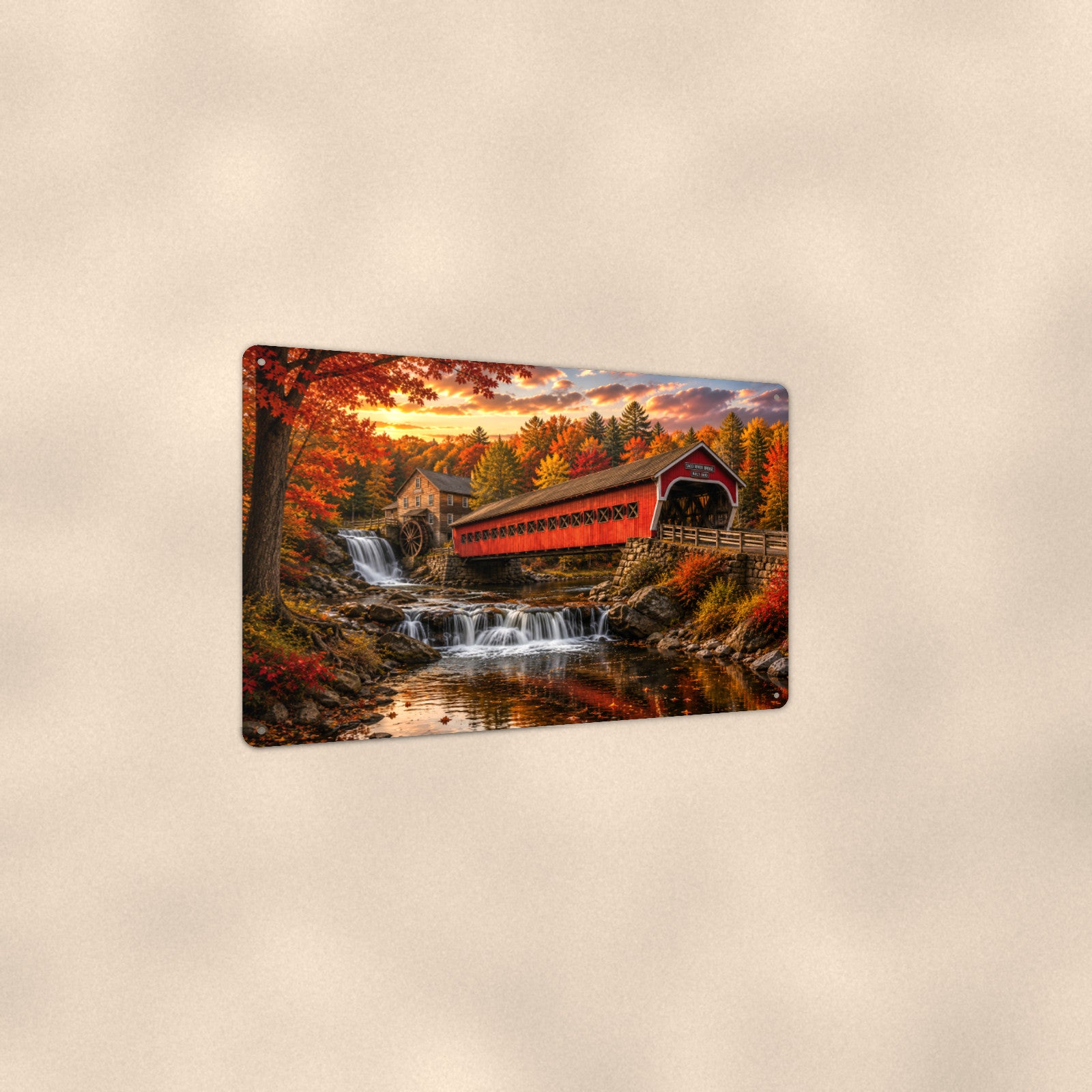 Covered Bridge Waterfall Gorge aluminum metal sign 12" x 8" - angled view showing glossy finish