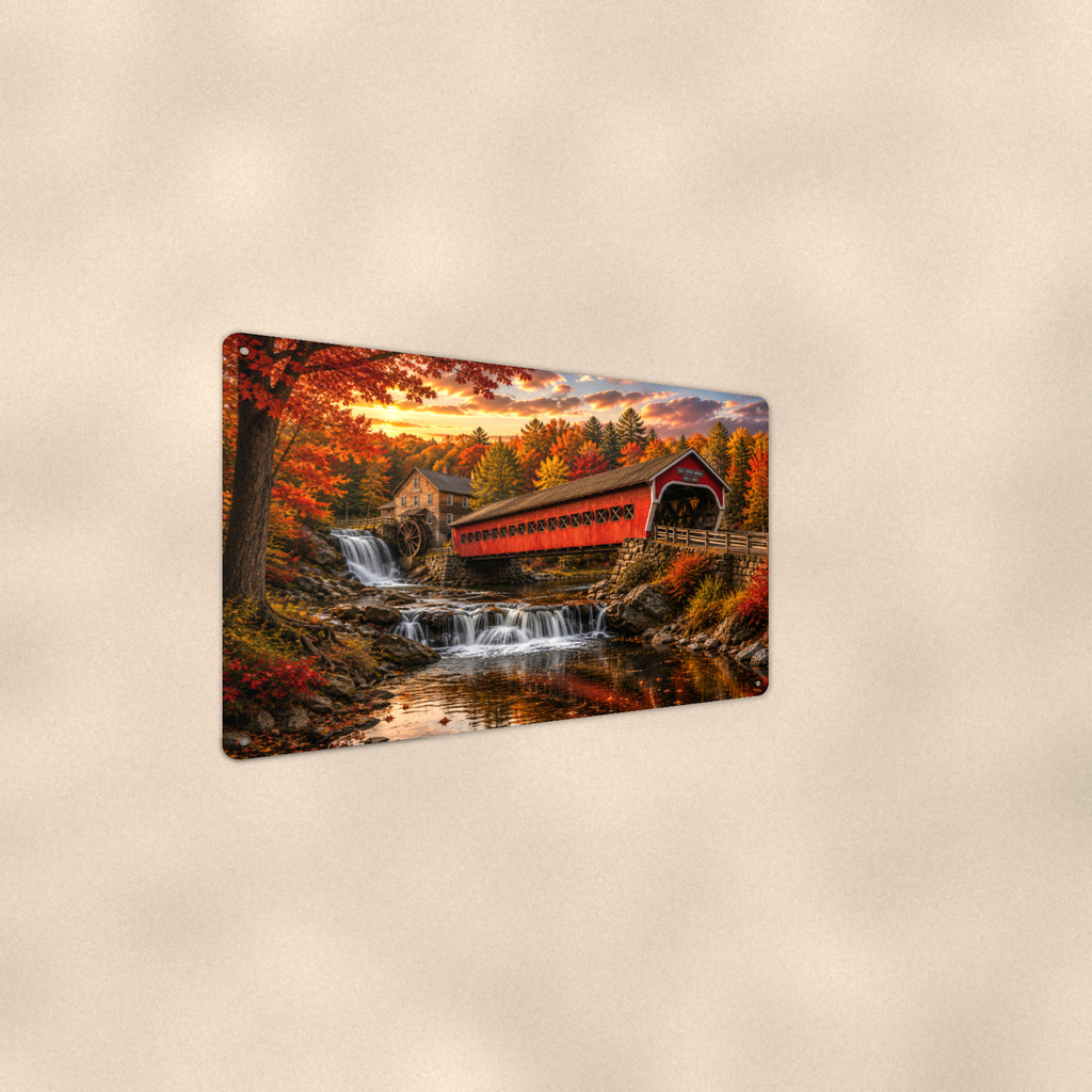 Covered Bridge Waterfall Gorge aluminum metal sign 12" x 8" - angled wall view from a wider angle