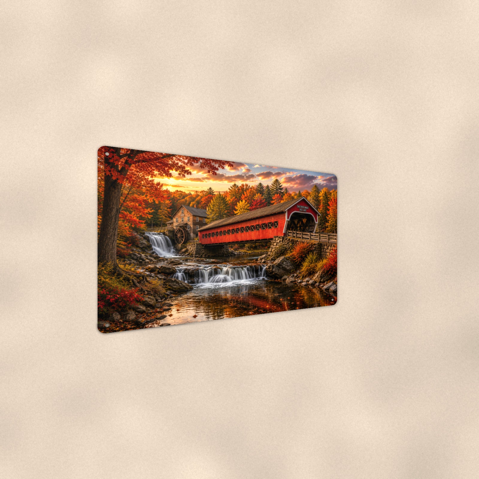 Covered Bridge Waterfall Gorge aluminum metal sign 12" x 8" - angled wall view from a wider angle