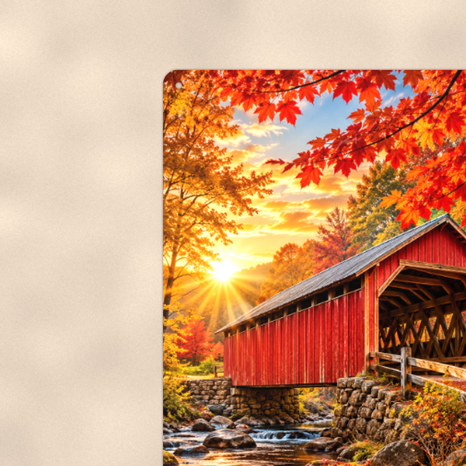 Covered Bridge Red Maple Gold aluminum metal sign 8" x 12" - close-up view of the printed artwork