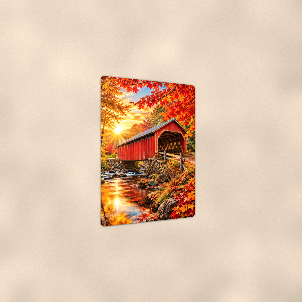 Covered Bridge Red Maple Gold aluminum metal sign 8" x 12" - angled view showing glossy finish