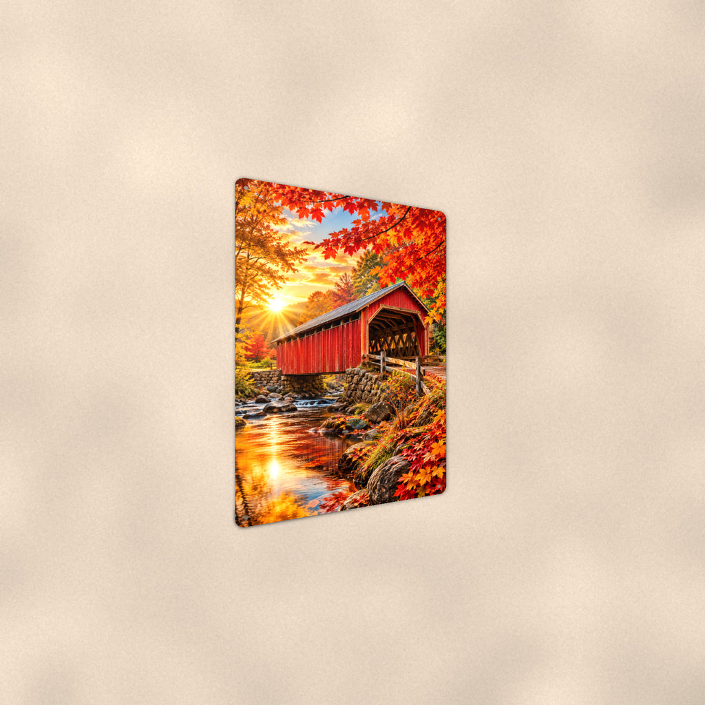 Covered Bridge Red Maple Gold aluminum metal sign 8" x 12" - angled wall view from a wider angle