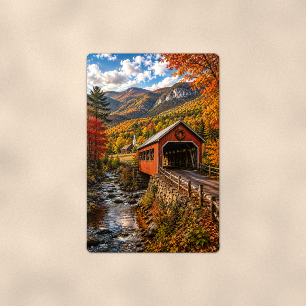Covered Bridge Cliff Valley View aluminum metal sign 8" x 12" - front view on warm wall