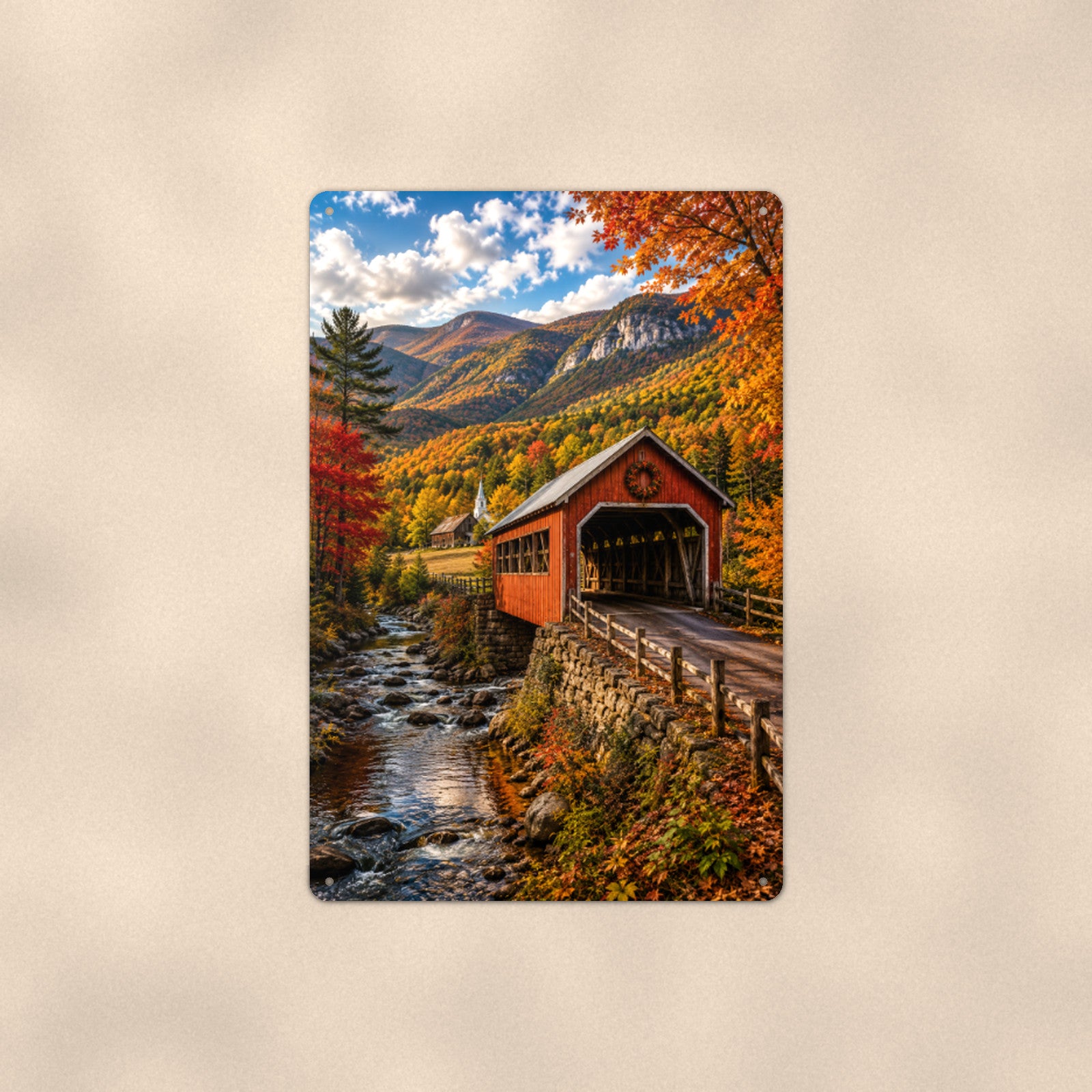Covered Bridge Cliff Valley View aluminum metal sign 8" x 12" - front view on warm wall