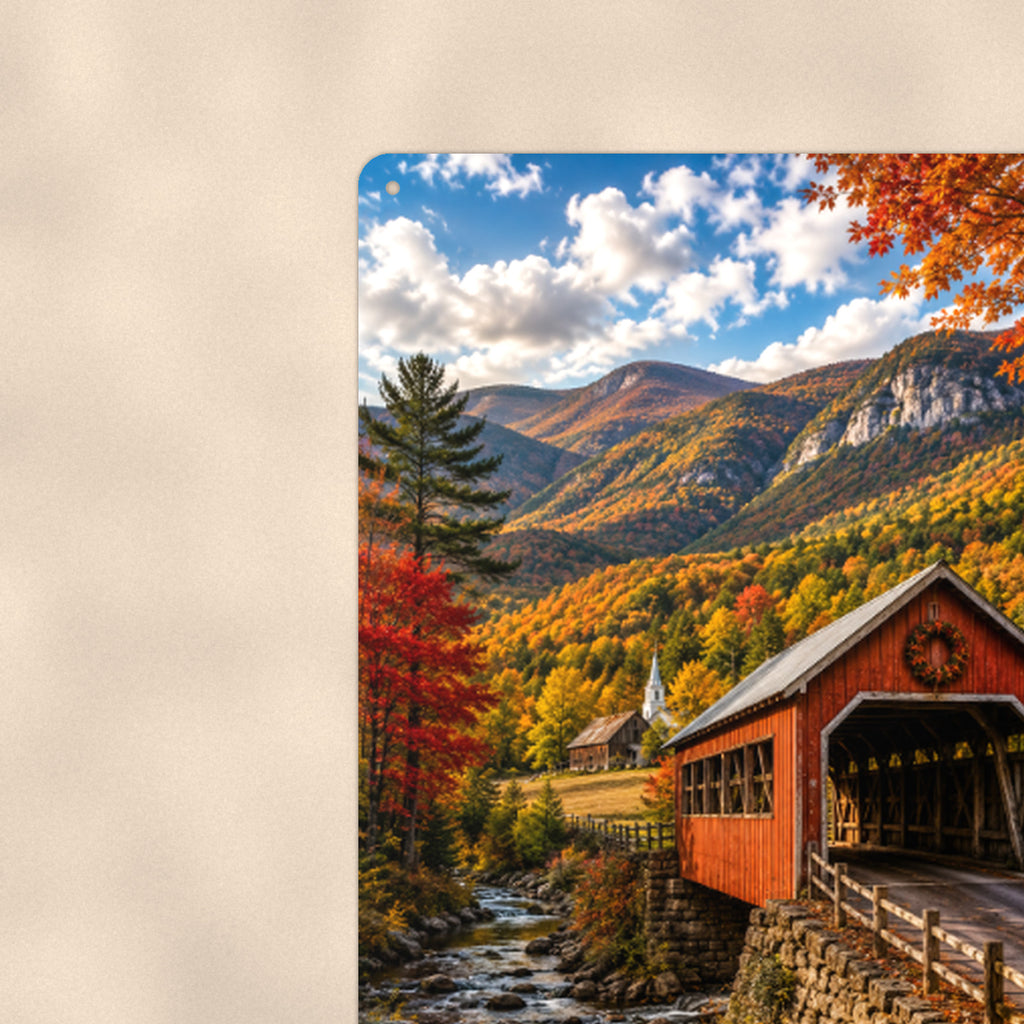 Covered Bridge Cliff Valley View aluminum metal sign 8" x 12" - close-up view of the printed artwork