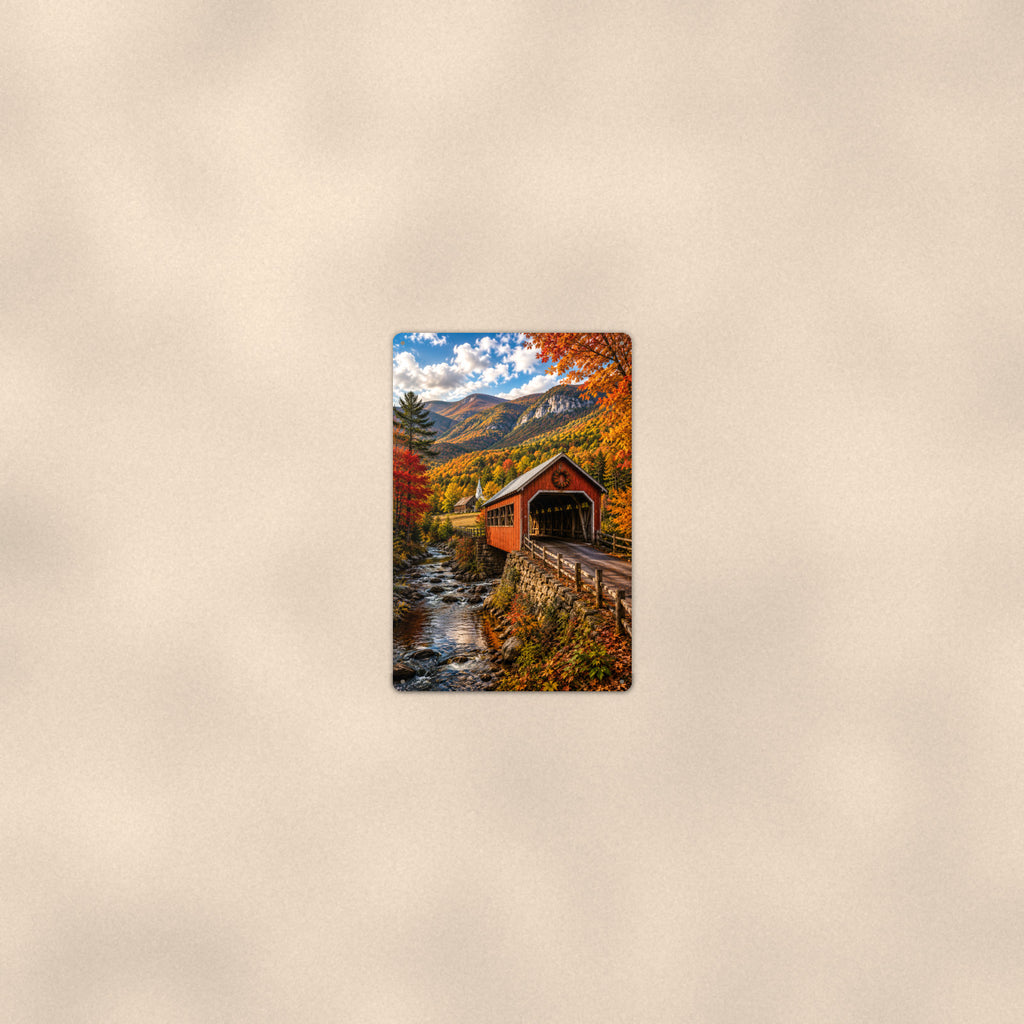 Covered Bridge Cliff Valley View aluminum metal sign 8" x 12" - room view on warm wall