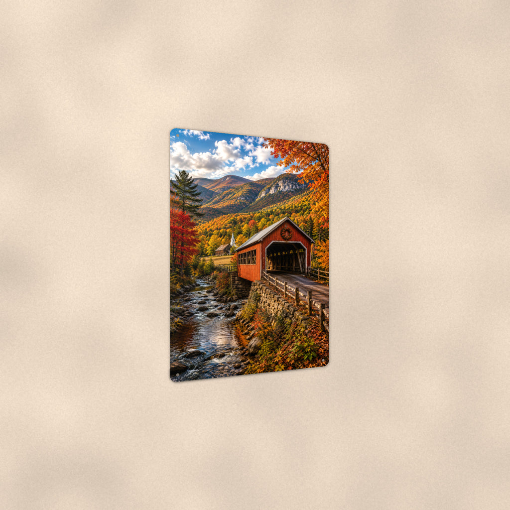 Covered Bridge Cliff Valley View aluminum metal sign 8" x 12" - angled view showing glossy finish