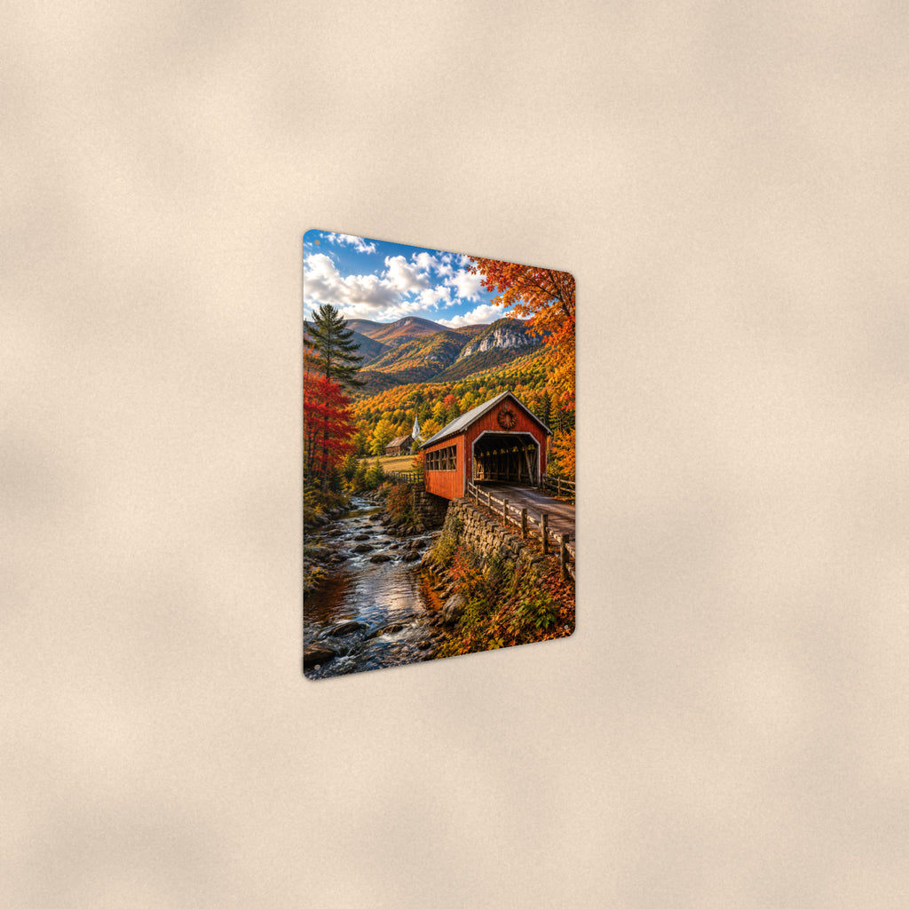 Covered Bridge Cliff Valley View aluminum metal sign 8" x 12" - angled wall view from a wider angle