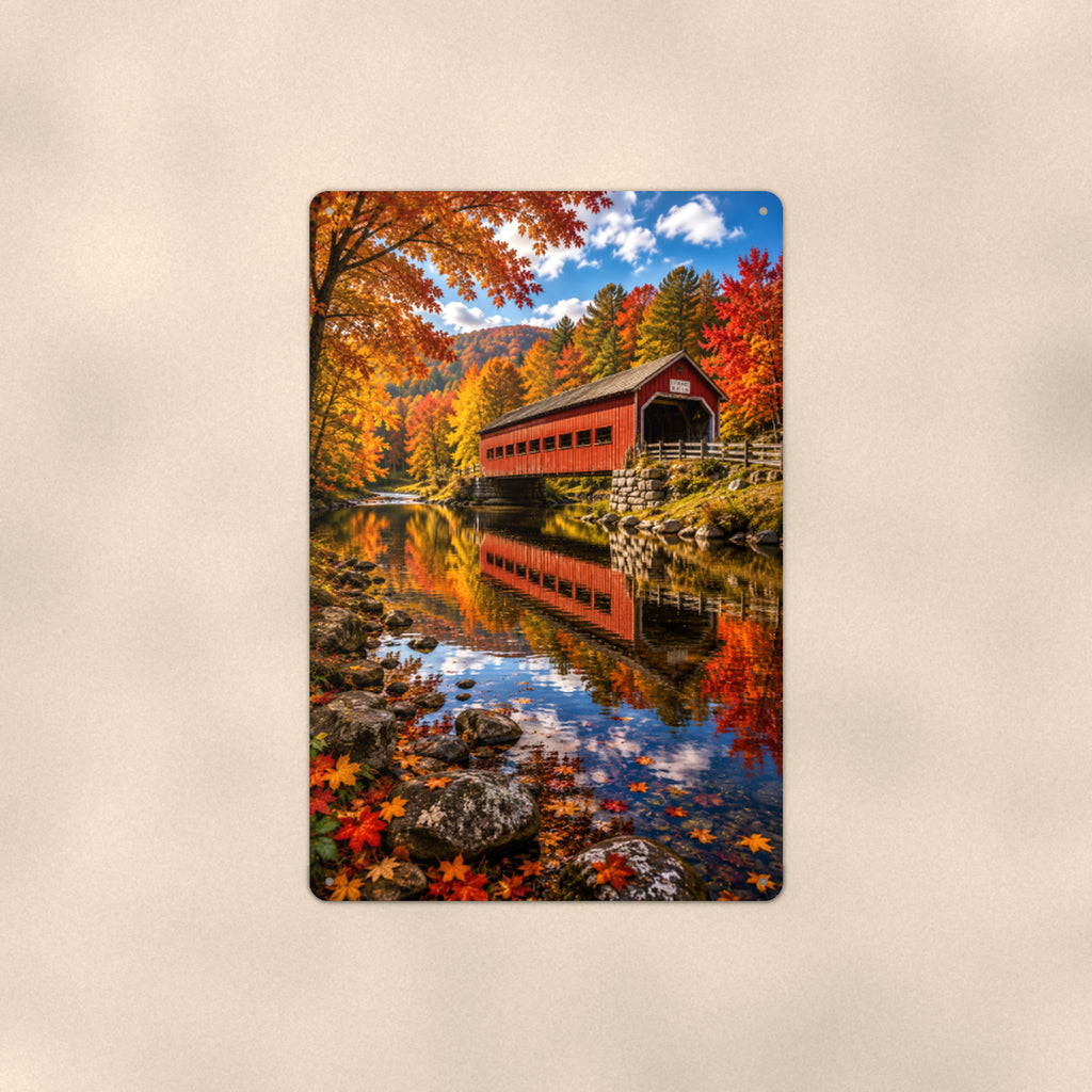 Covered Bridge Blue Sky Reflection aluminum metal sign 8" x 12" - front view on warm wall