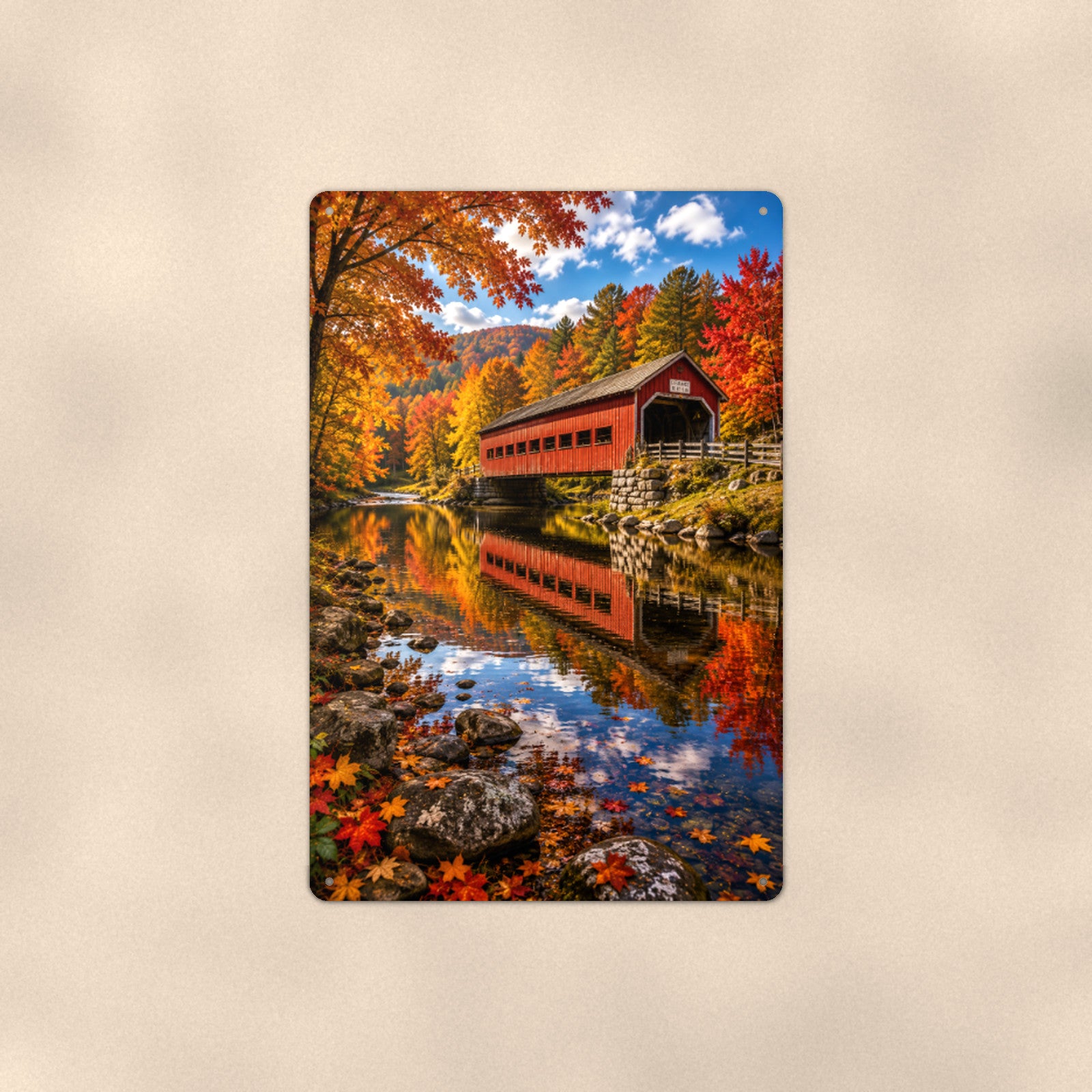 Covered Bridge Blue Sky Reflection aluminum metal sign 8" x 12" - front view on warm wall