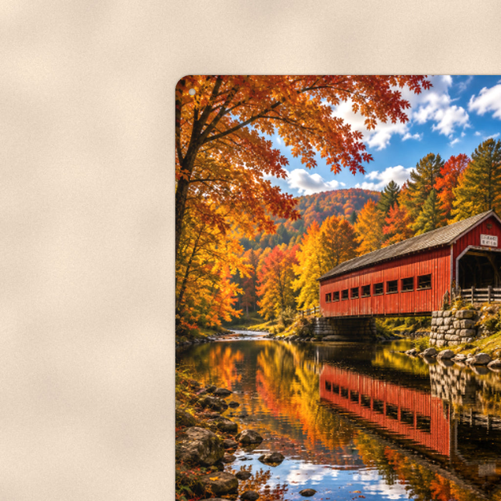 Covered Bridge Blue Sky Reflection aluminum metal sign 8" x 12" - close-up view of the printed artwork