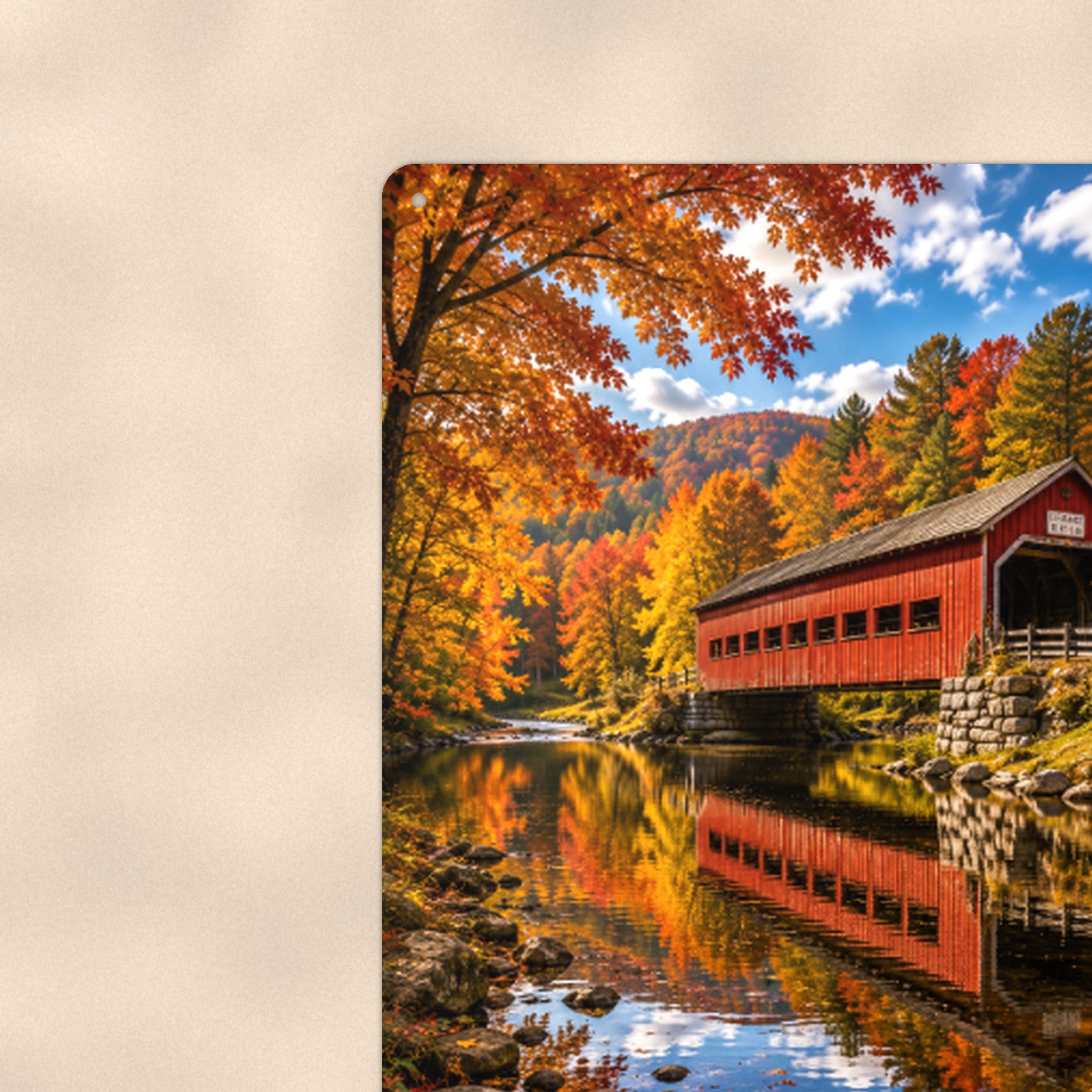 Covered Bridge Blue Sky Reflection aluminum metal sign 8" x 12" - close-up view of the printed artwork