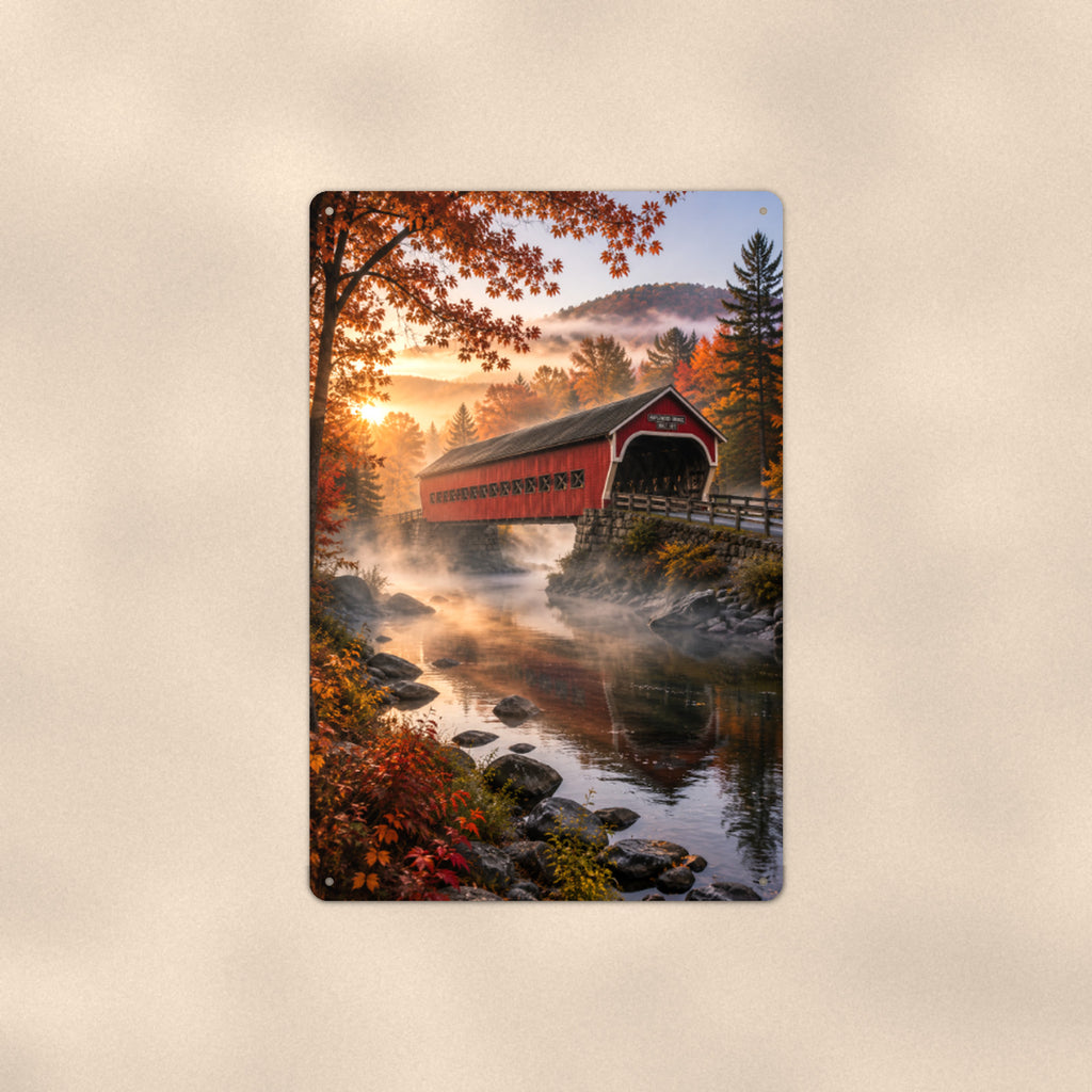 Covered Bridge Misty River Dawn aluminum metal sign 8" x 12" - front view on warm wall