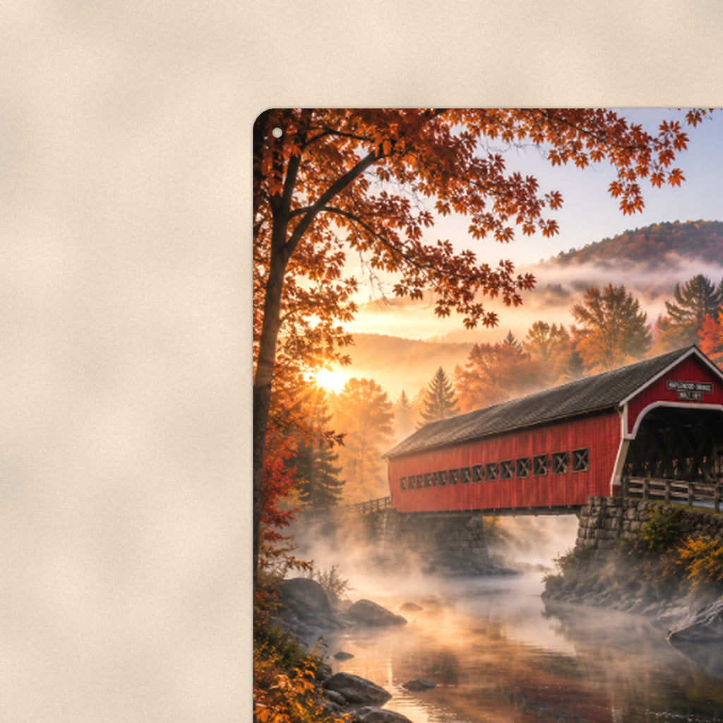 Covered Bridge Misty River Dawn aluminum metal sign 8" x 12" - close-up view of the printed artwork