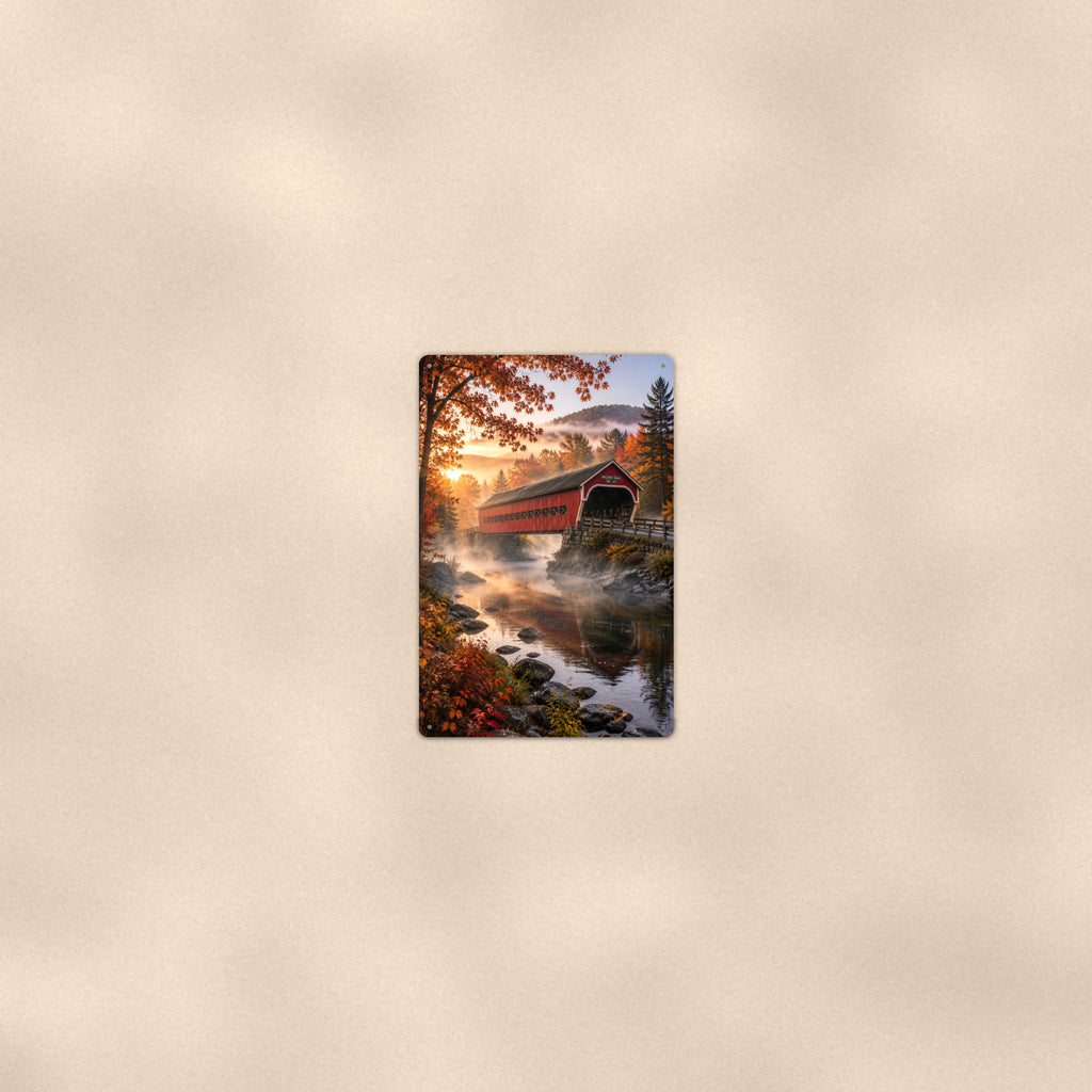 Covered Bridge Misty River Dawn aluminum metal sign 8" x 12" - room view on warm wall