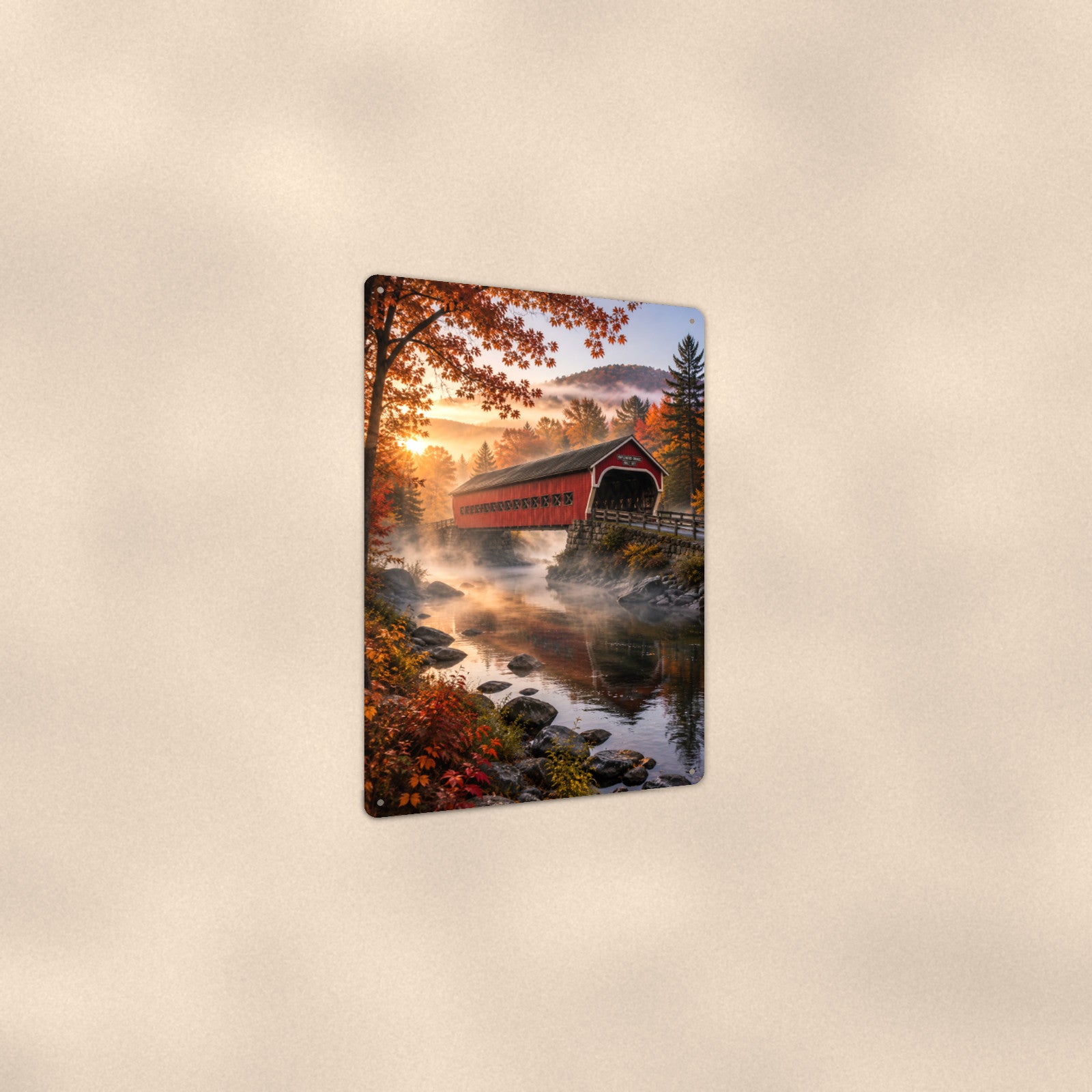 Covered Bridge Misty River Dawn aluminum metal sign 8" x 12" - angled view showing glossy finish