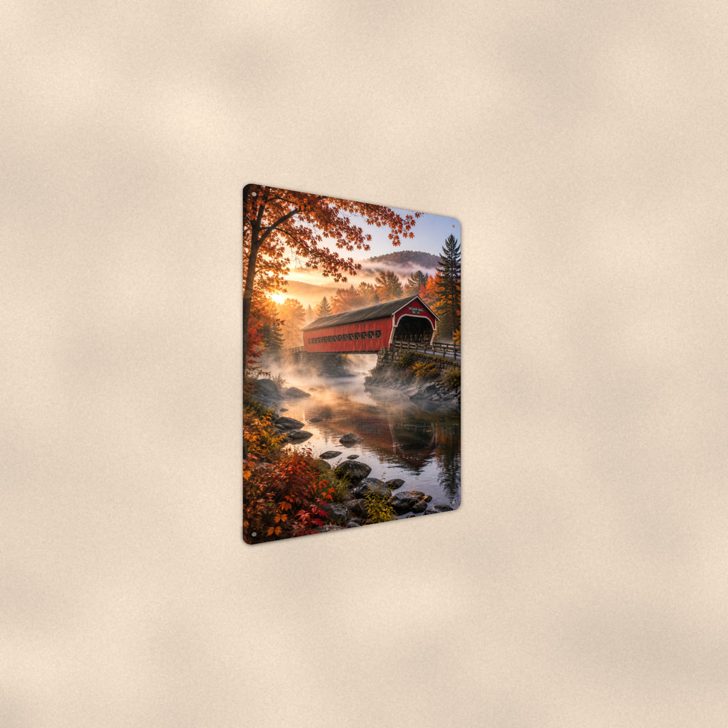 Covered Bridge Misty River Dawn aluminum metal sign 8" x 12" - angled wall view from a wider angle