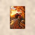 Covered Bridge Sunset Lane aluminum metal sign 8" x 12" - front view on warm wall