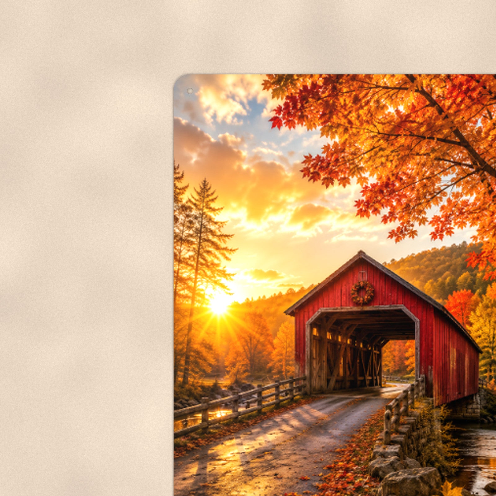 Covered Bridge Sunset Lane aluminum metal sign 8" x 12" - close-up view of the printed artwork
