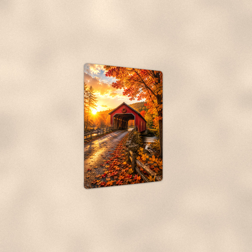 Covered Bridge Sunset Lane aluminum metal sign 8" x 12" - angled view showing glossy finish