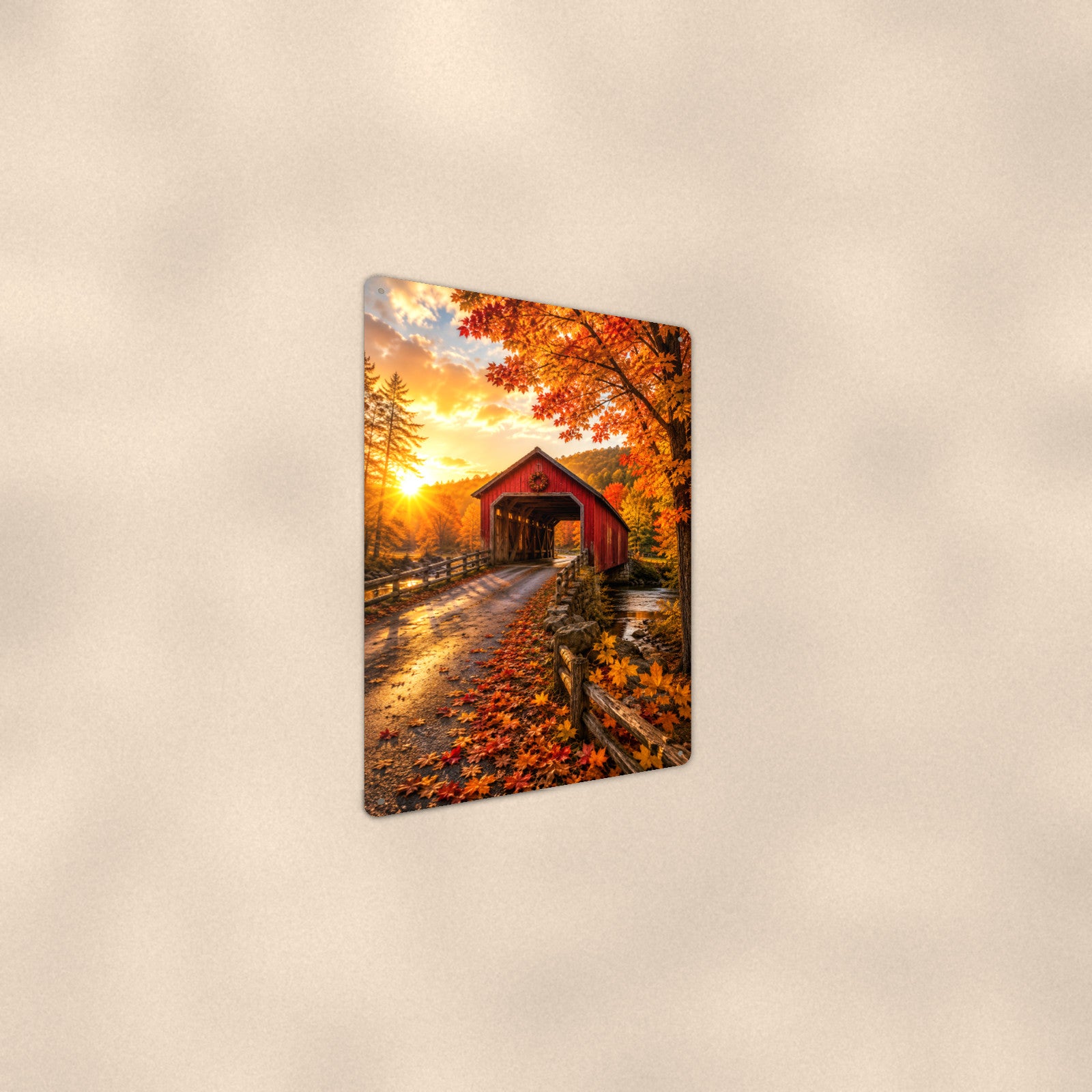 Covered Bridge Sunset Lane aluminum metal sign 8" x 12" - angled wall view from a wider angle